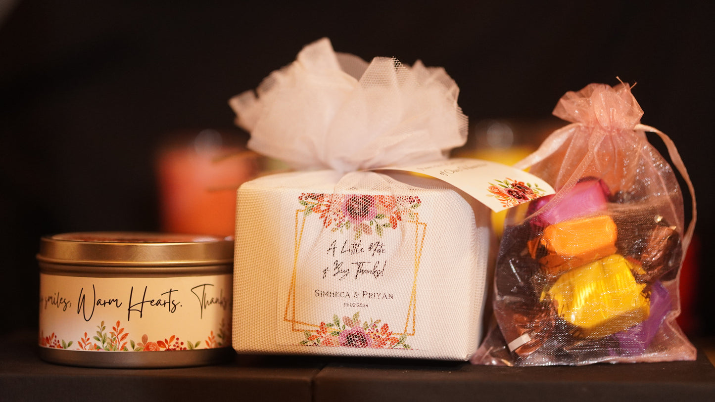 3oz Tin Candle + Chocolate Pouch - Perfect Return Gifts !