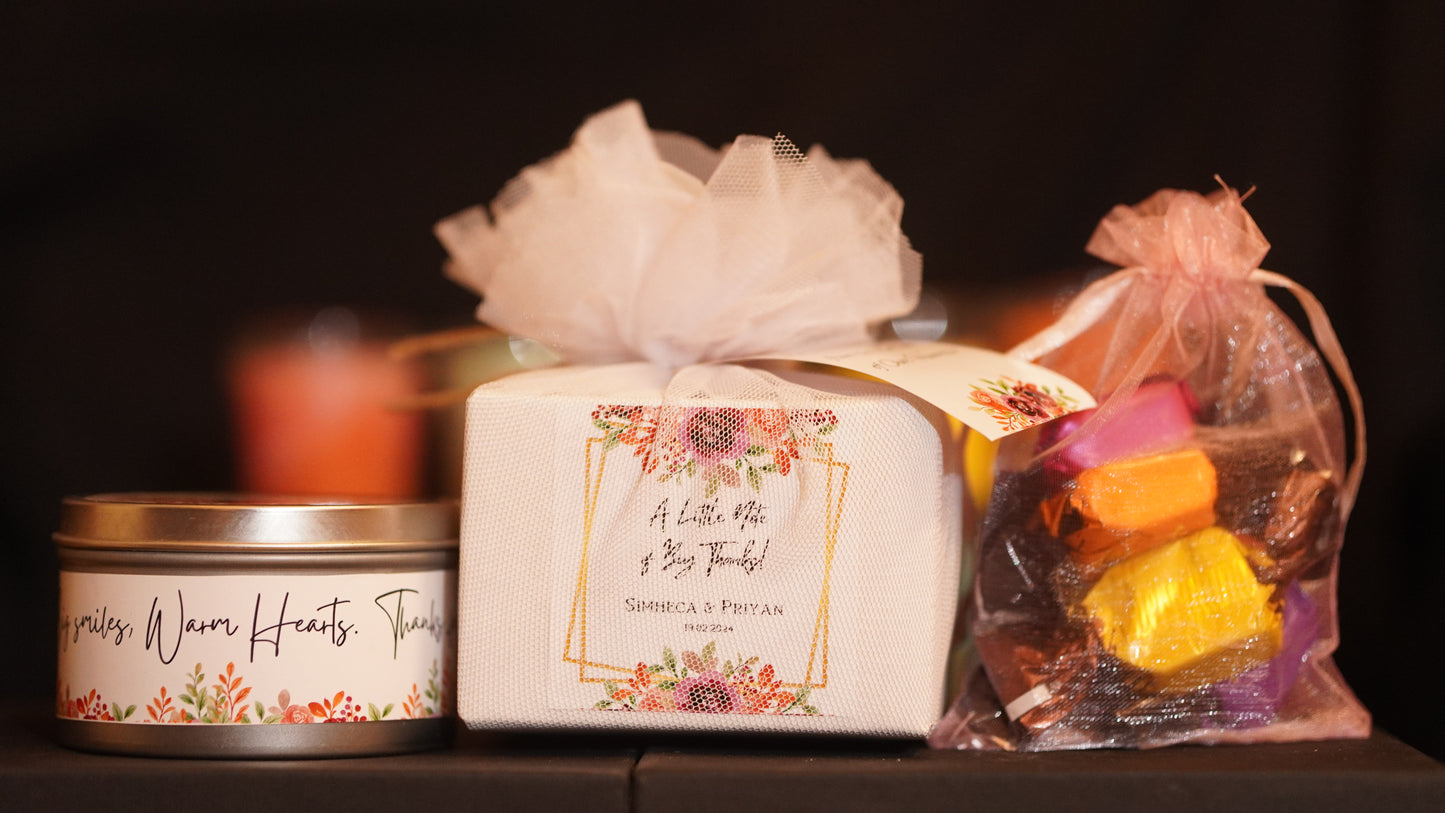 3oz Tin Candle + Chocolate Pouch - Perfect Return Gifts !