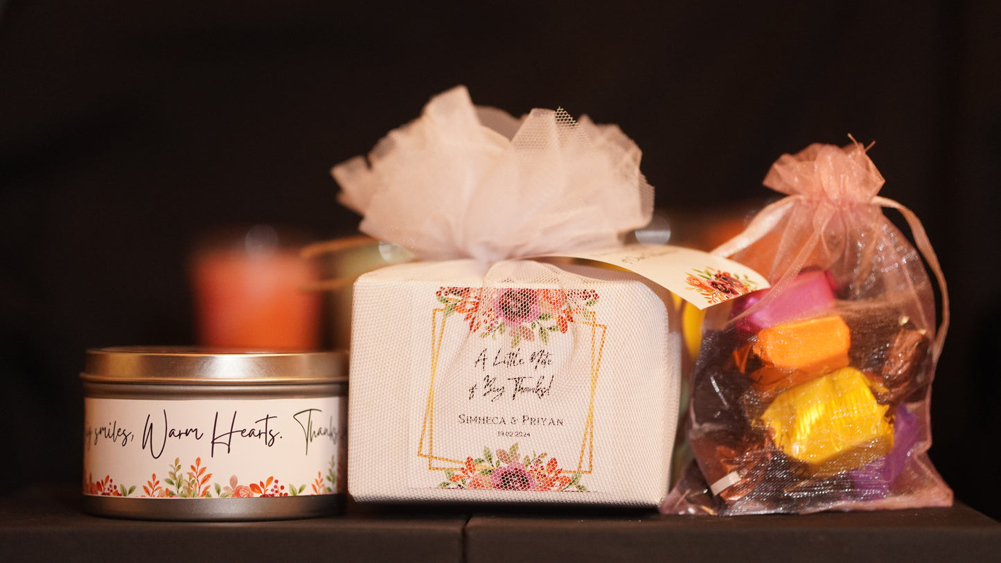 3oz Tin Candle + Chocolate Pouch - Perfect Return Gifts !
