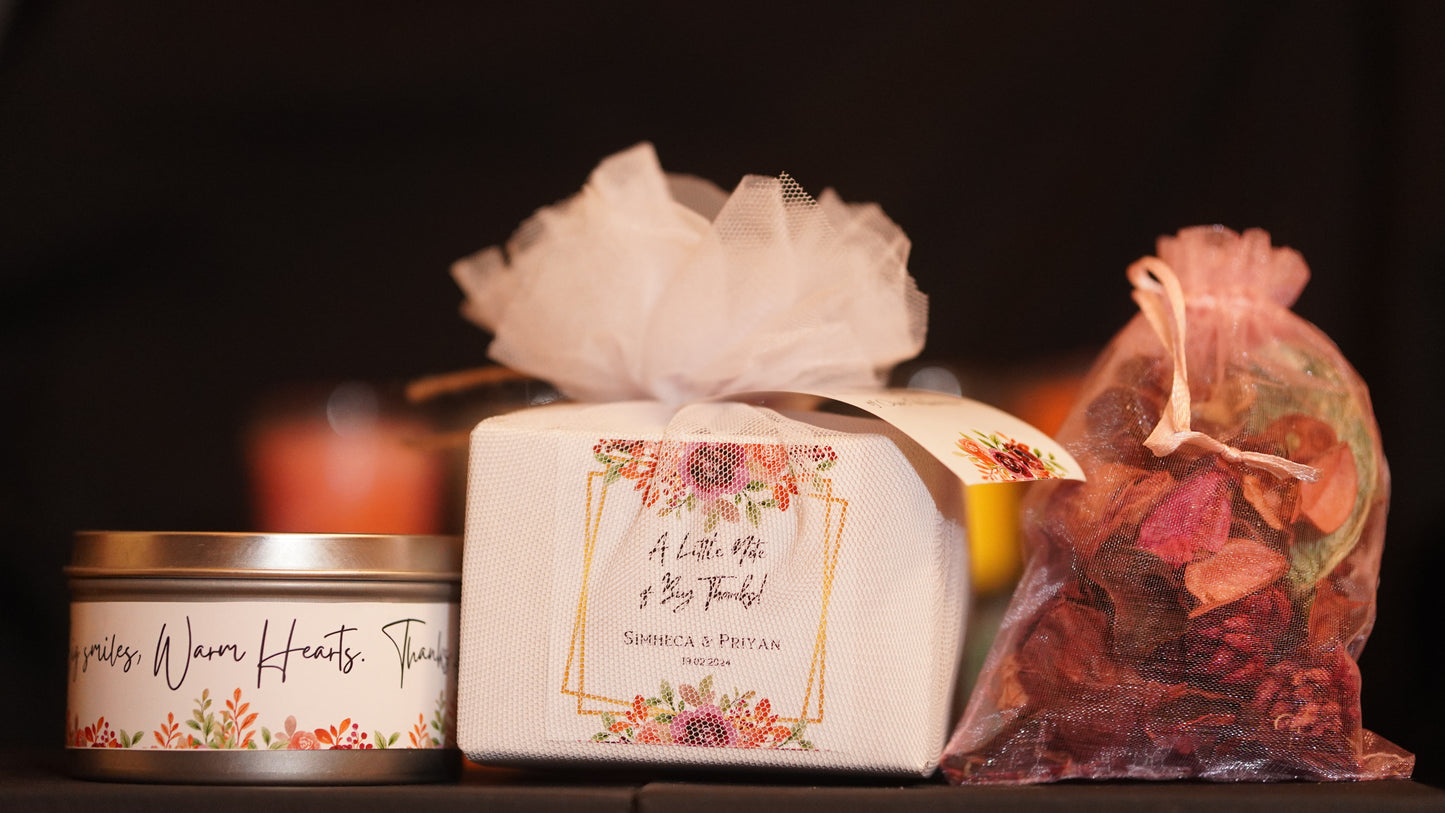 3oz Tin Candle + Potpourri Pouch - Perfect Return Gifts !