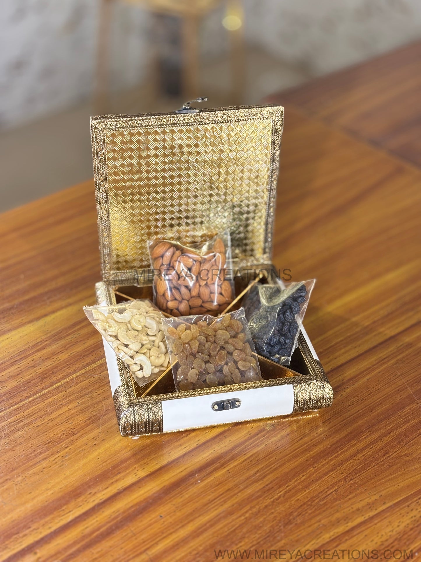 Ivory & Antique Gold Square Dry Fruit Box Return Gift | Ornate Jewellery & Dry Fruit Storage Box | Wedding & Festive Favor