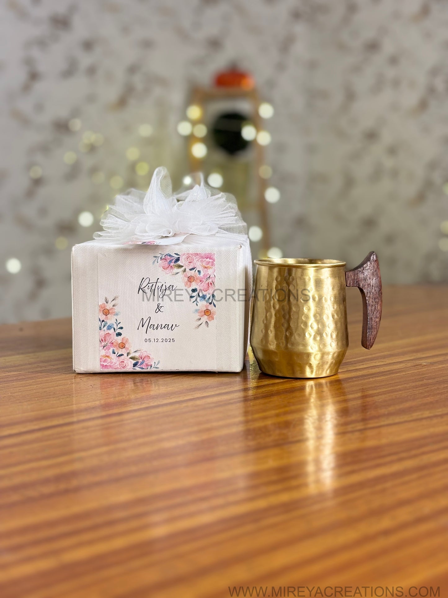 Brass Hammered Mug with Wooden Handle Return Gift | Handcrafted Brass Mug Under ₹900 | Wedding & Puja Favor