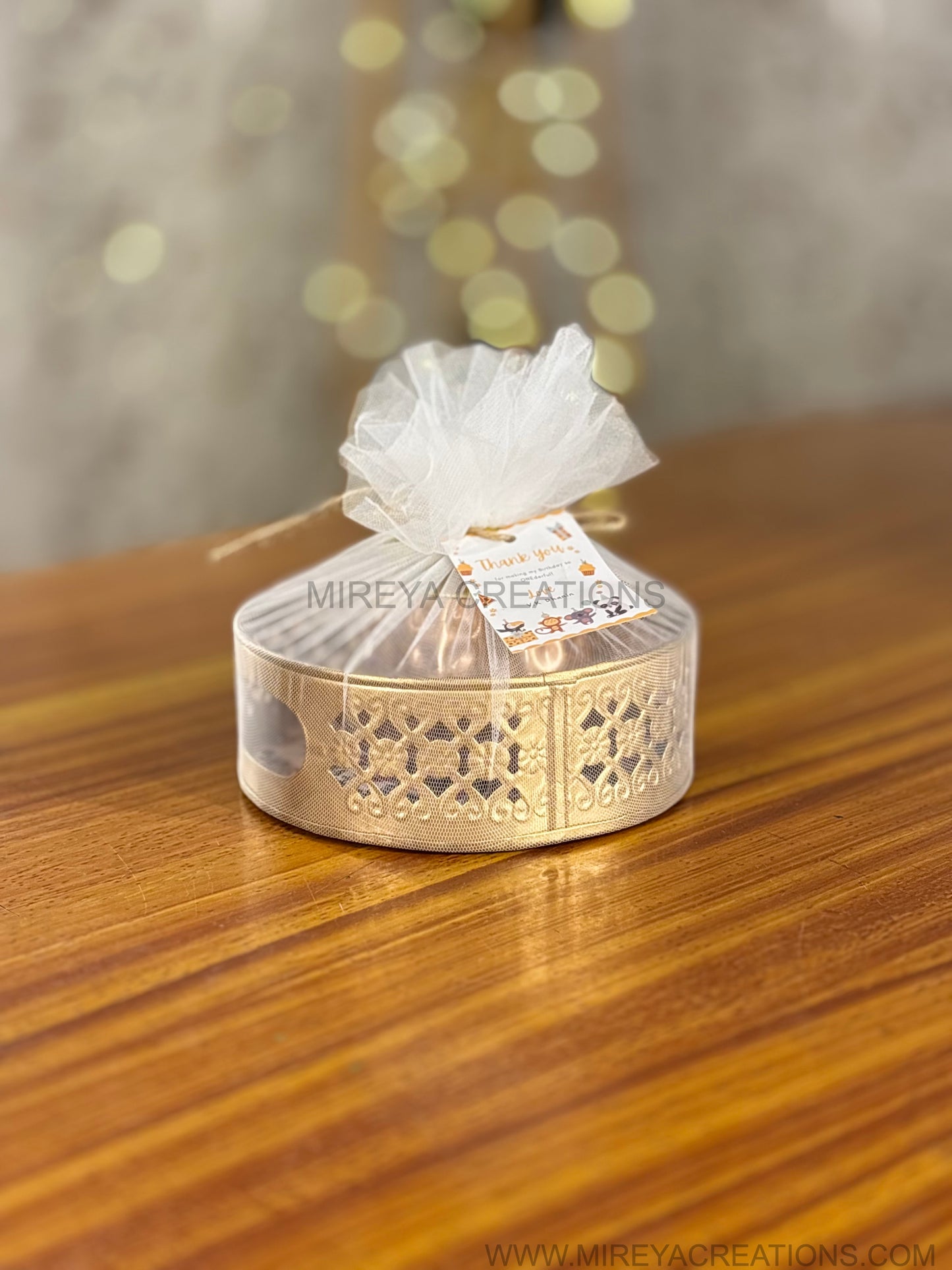 Printed Round Tray with Brass Cone Jar Return Gift | Decorative Combo Gift Under ₹500 | Wedding & Housewarming Favor