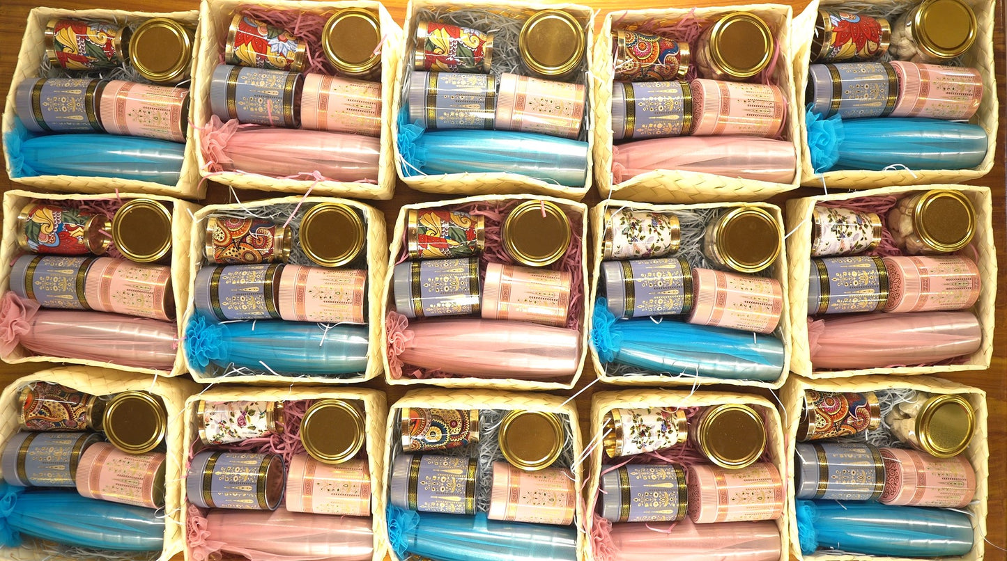Deluxe Palm Box Gift Set Return Gift | Steel Bottle, Macaroons, Brass Glass & Nut Containers | Wedding & Festive Favor Under ₹1700
