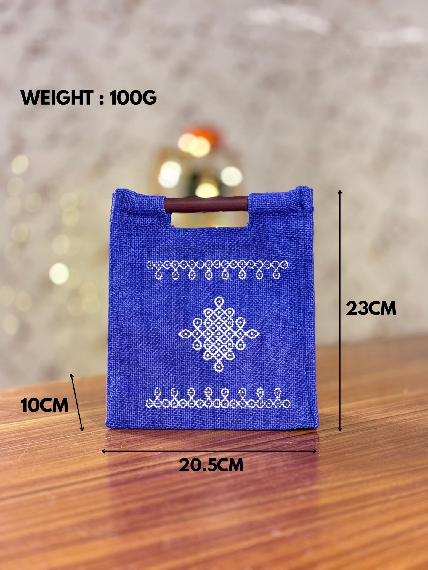 Royal Blue Kolam Jute Bag Return Gift | Handcrafted Jute Bag with Wooden Handle | Wedding & Festive Favor Under ₹100