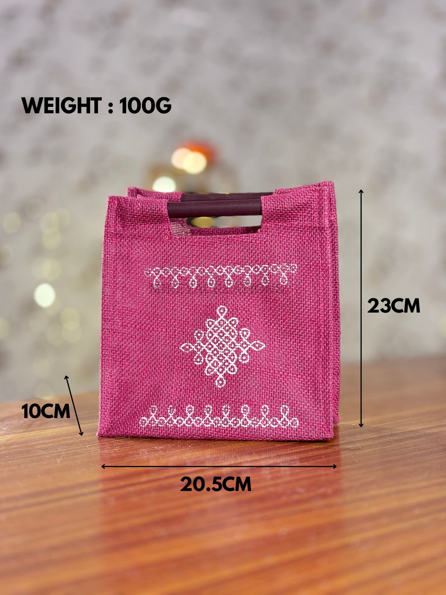 Pink Kolam Jute Bag Return Gift | Handcrafted Jute Bag with Wooden Handle | Wedding & Festive Favor Under ₹100
