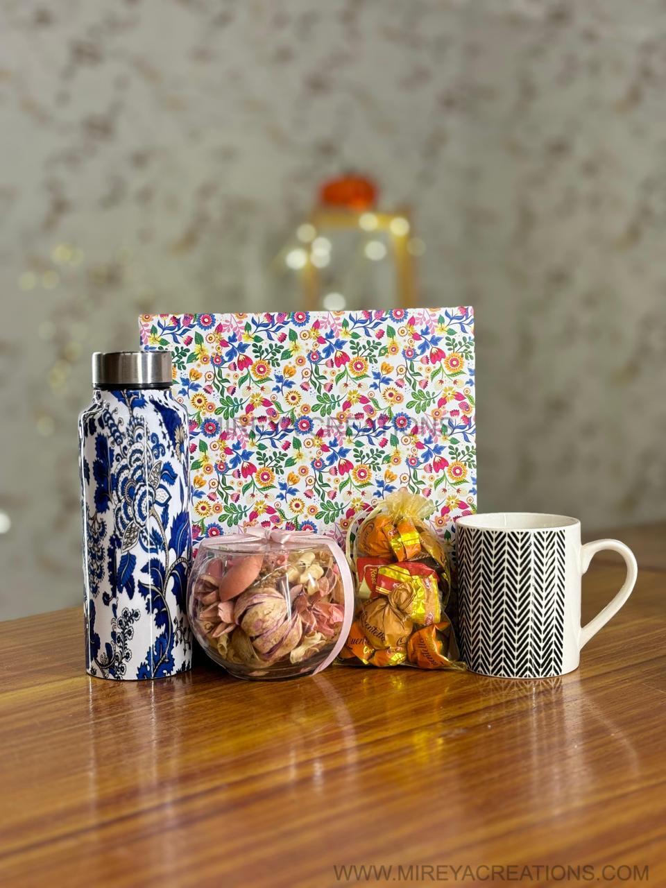 Printed Stainless Steel Bottle Gift Set Return Gift | Potpourri Bowl, Mug & Chocolates Combo | Wedding & Festive Favor Under ₹1000