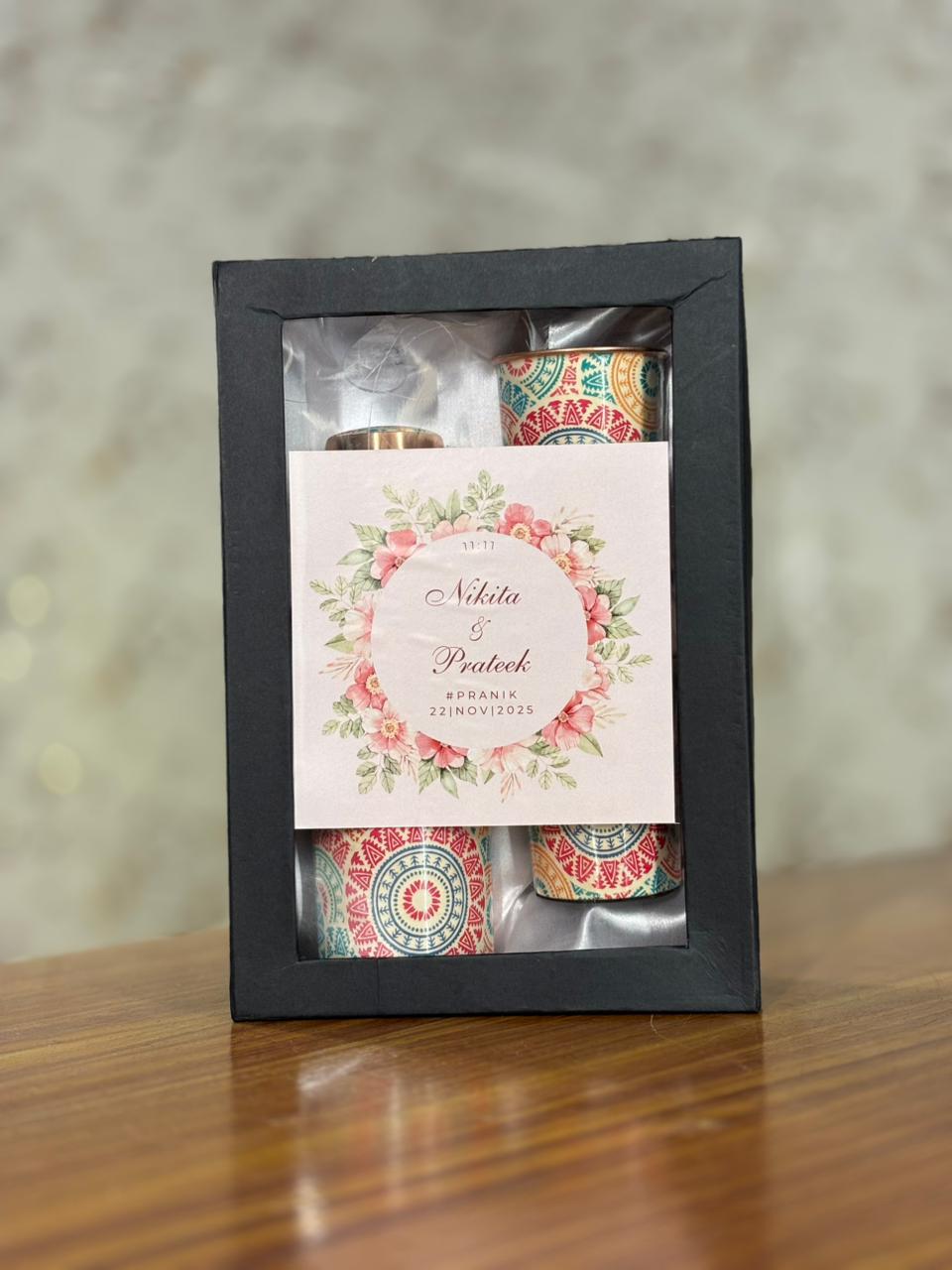 Printed Copper Bottle & Glasses Gift Set Return Gift | Copper Drinkware & Tin Candle Combo | Wedding & Festive Favor Under ₹1350