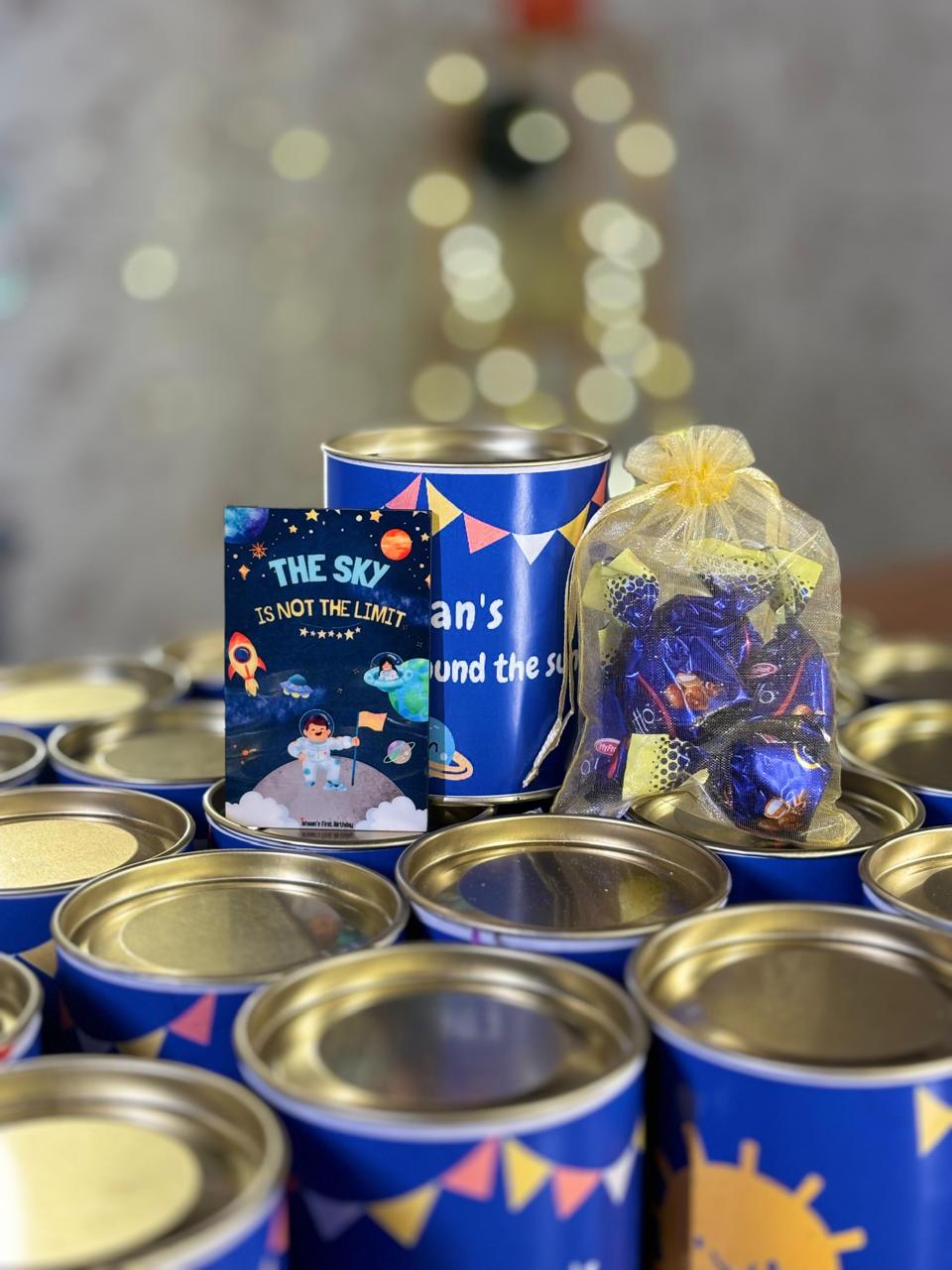 Paper Tin + Customised Fridge Magnet + Pouch of Chocolates | Custom Return Gift Set | Wedding & Event Favor