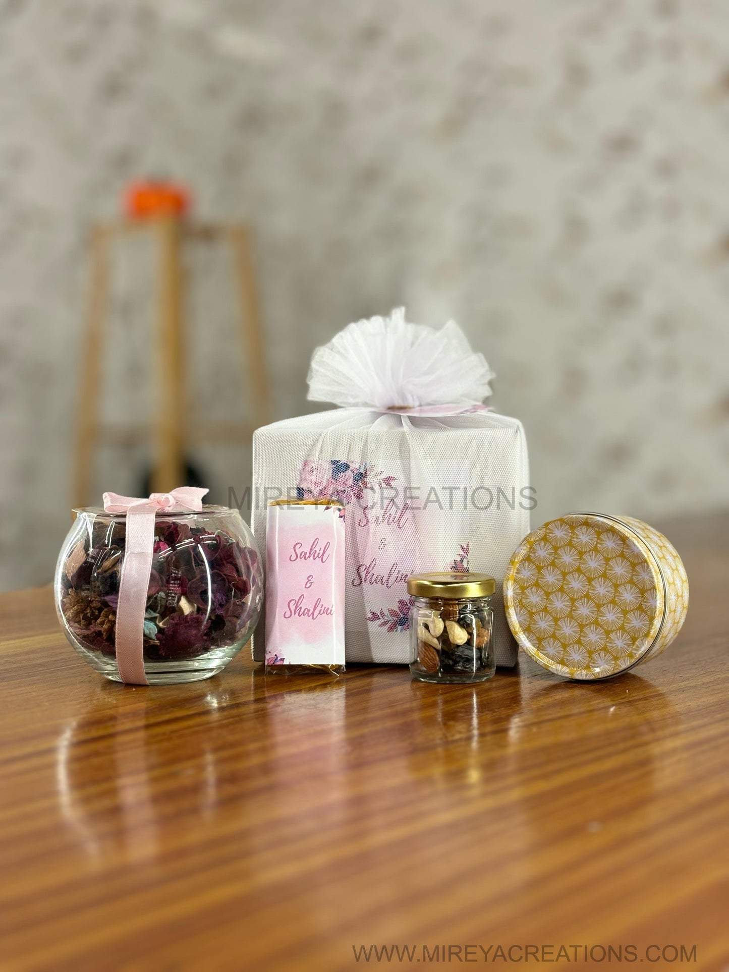 Printed Tin Candle, Potpourri Bowl, Nuts Jar & Customised Chocolate Bar | Premium Scented Candle Set | Wedding & Party Favor Under ₹600