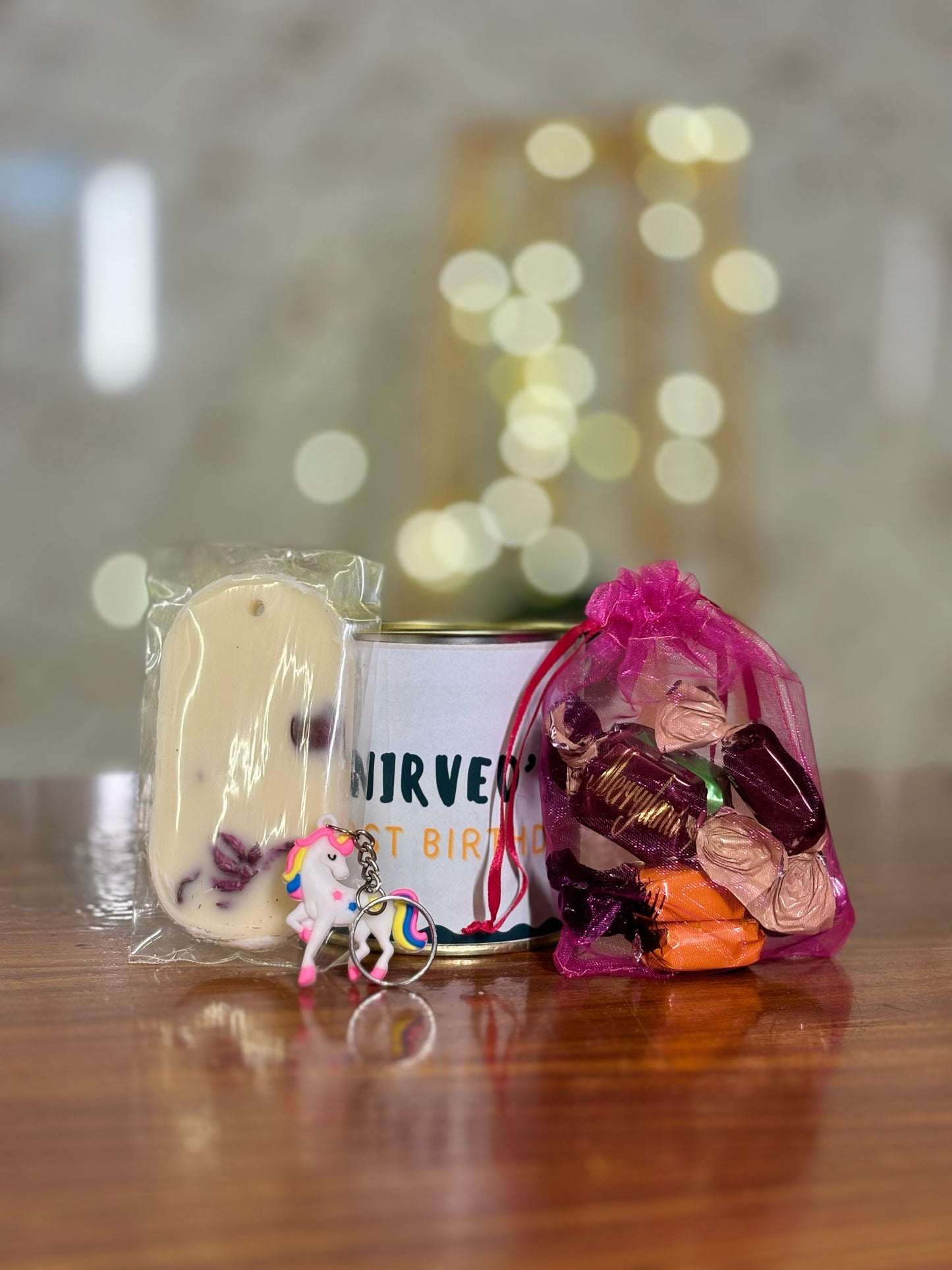 Paper Tin + Wax Tablet + Pouch of Chocolates + Keychain | Combo Return Gift | Wedding & Housewarming Favor