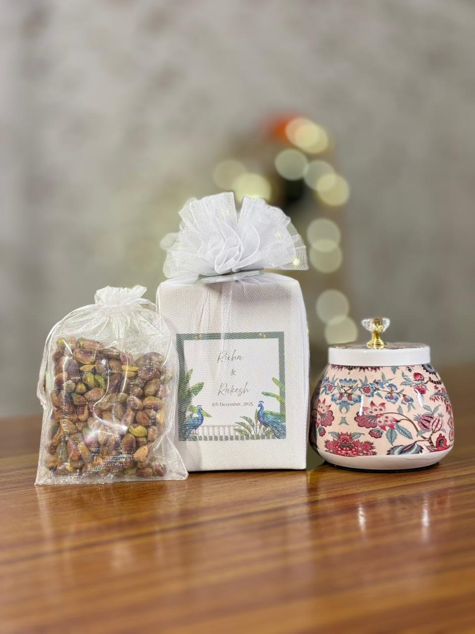 Printed Cone Jar Return Gift | Premium Pistachios Gift Jar | Wedding & Festive Favor Under ₹400