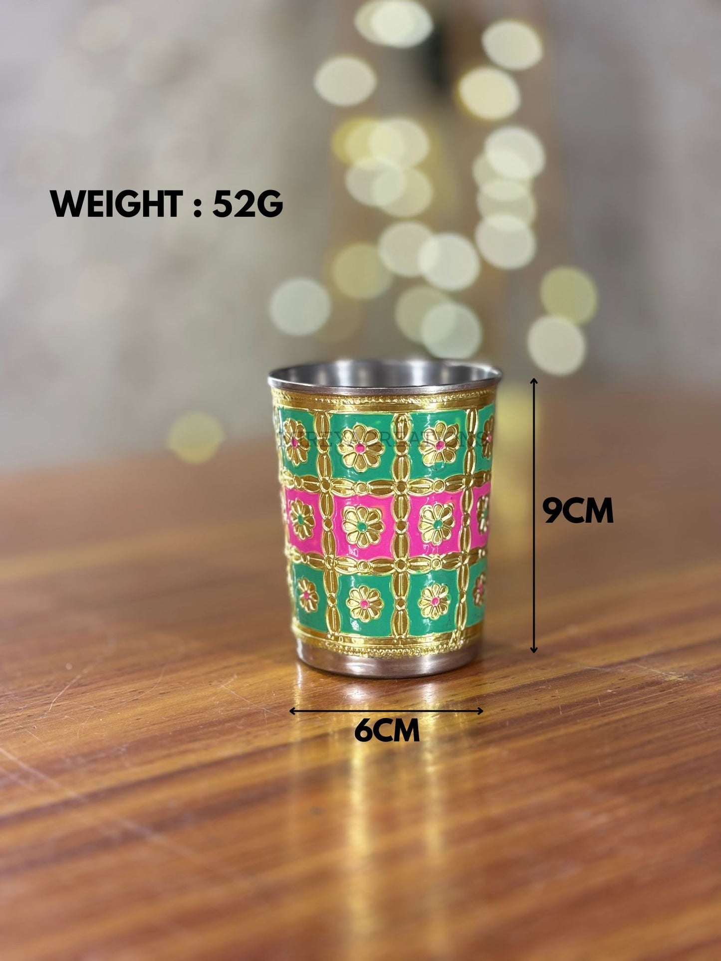 Green & Pink Meenakari Printed Stainless Steel Glass Return Gift | Decorative Meenakari Steel Drinkware | Wedding & Housewarming Favor Under ₹200