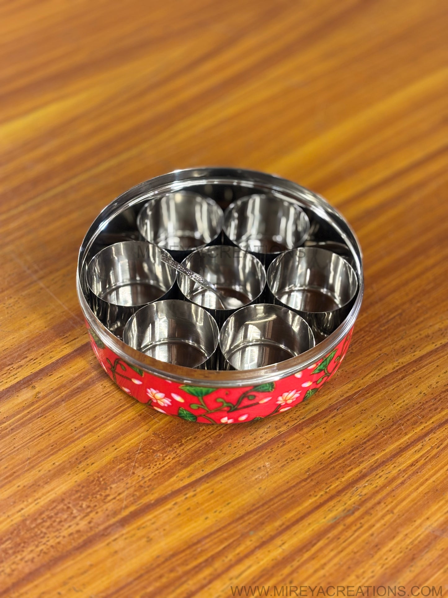 Stainless Steel Printed Spice Box Return Gift | Decorative Steel Masala Storage Box | Wedding & Kitchen Favor Under ₹1200
