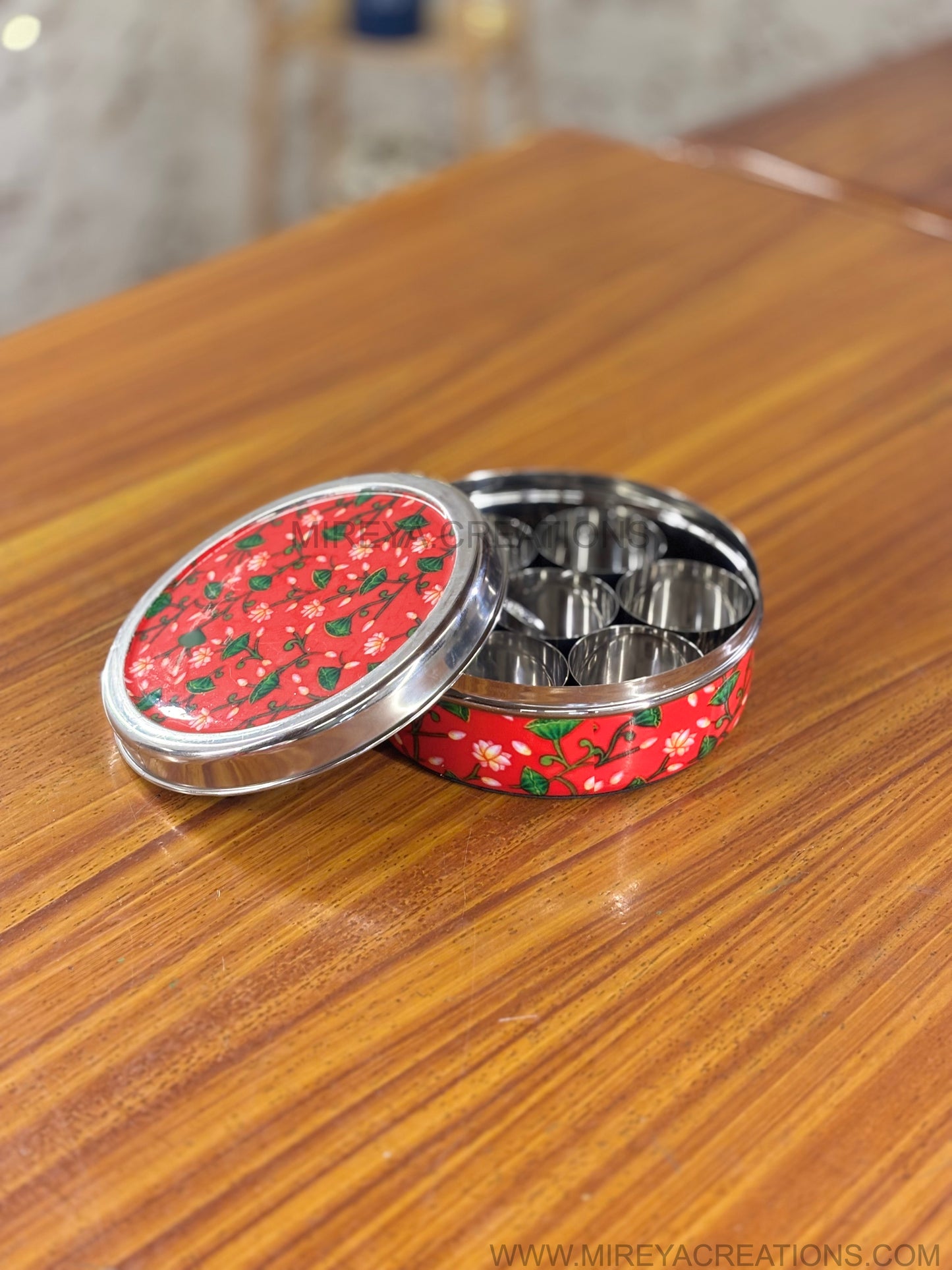 Stainless Steel Printed Spice Box Return Gift | Decorative Steel Masala Storage Box | Wedding & Kitchen Favor Under ₹1200