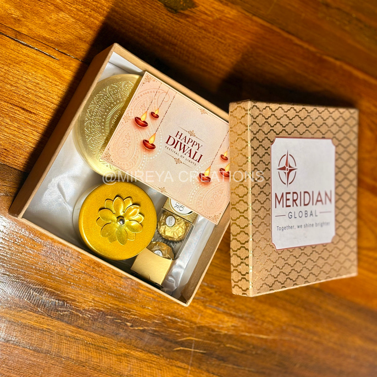 Brass Dry Fruit Box + Decorative Jar + Pack of Ferrero Rocher + Customised Card