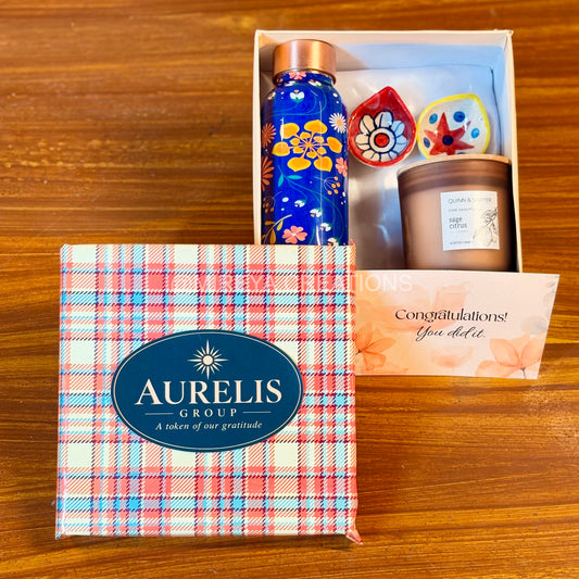 Printed Copper Bottle + Scented Candle + 2Pcs Hand Painted Ceramic Diyas + Customised Card