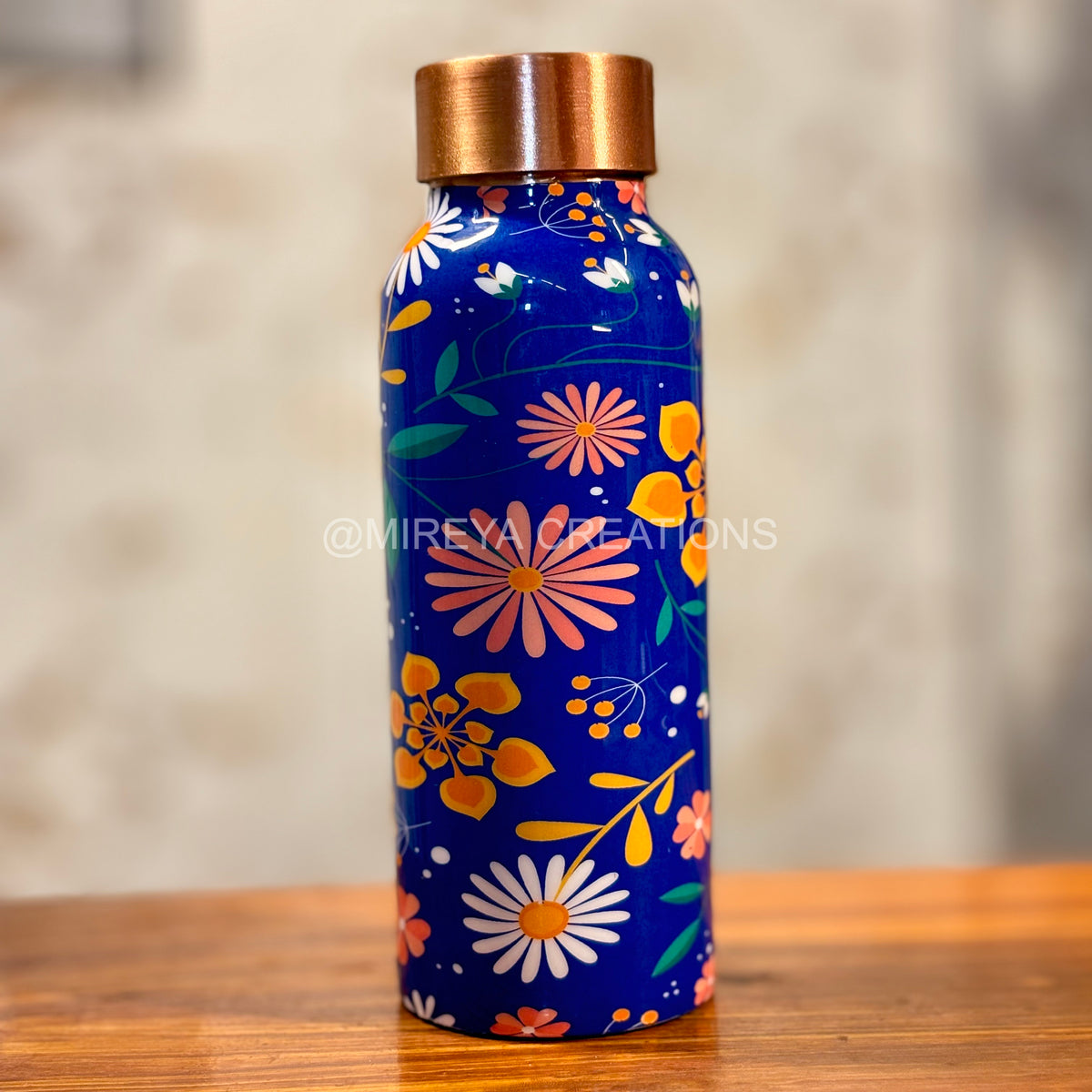 Printed Copper Bottle + Scented Candle + 2Pcs Hand Painted Ceramic Diyas + Customised Card