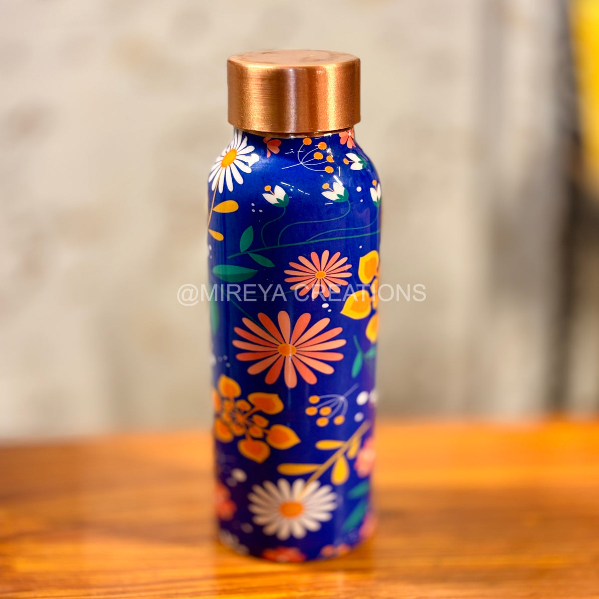 Printed Copper Bottle + Scented Candle + 2Pcs Hand Painted Ceramic Diyas + Customised Card