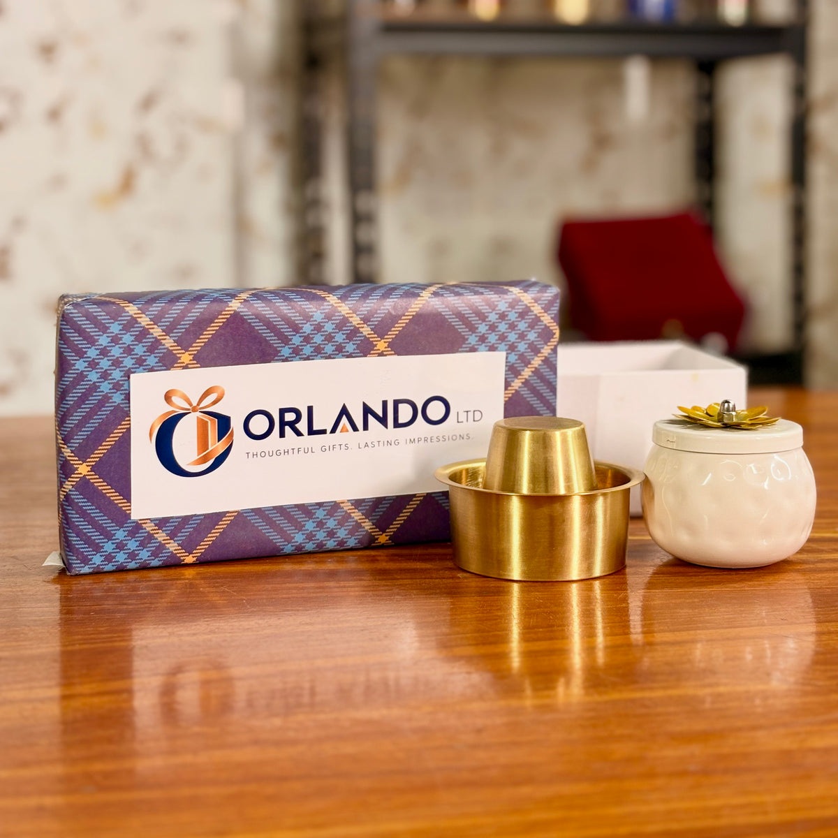 Brass Coffee Dabara + Decorative Cone Jar + Customized Card