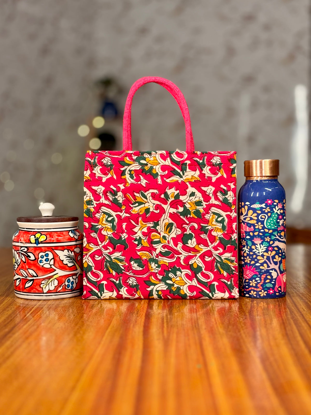 Printed Copper Bottle + Ceramic Printed Jar With Kalamkari Bag