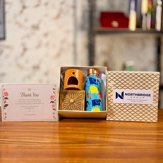 Printed Copper Bottle, Wooden Decorative Box & Ceramic Burner | Premium Corporate Gift Set