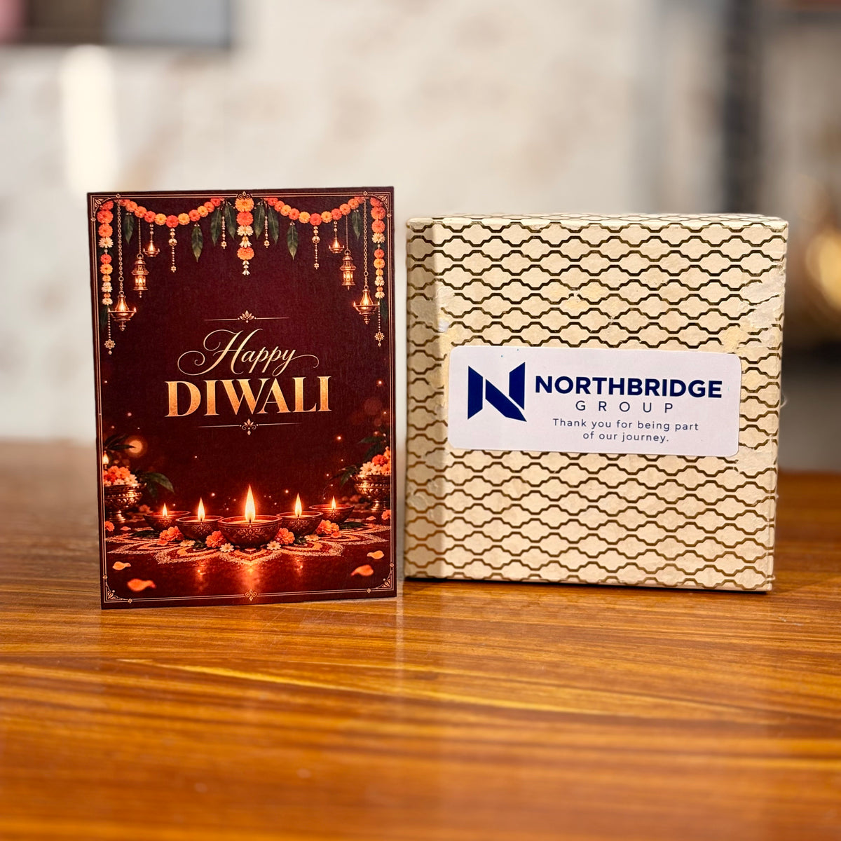 Wooden decorative Box + Slub Glass + Ceramic Burner + Customised Card