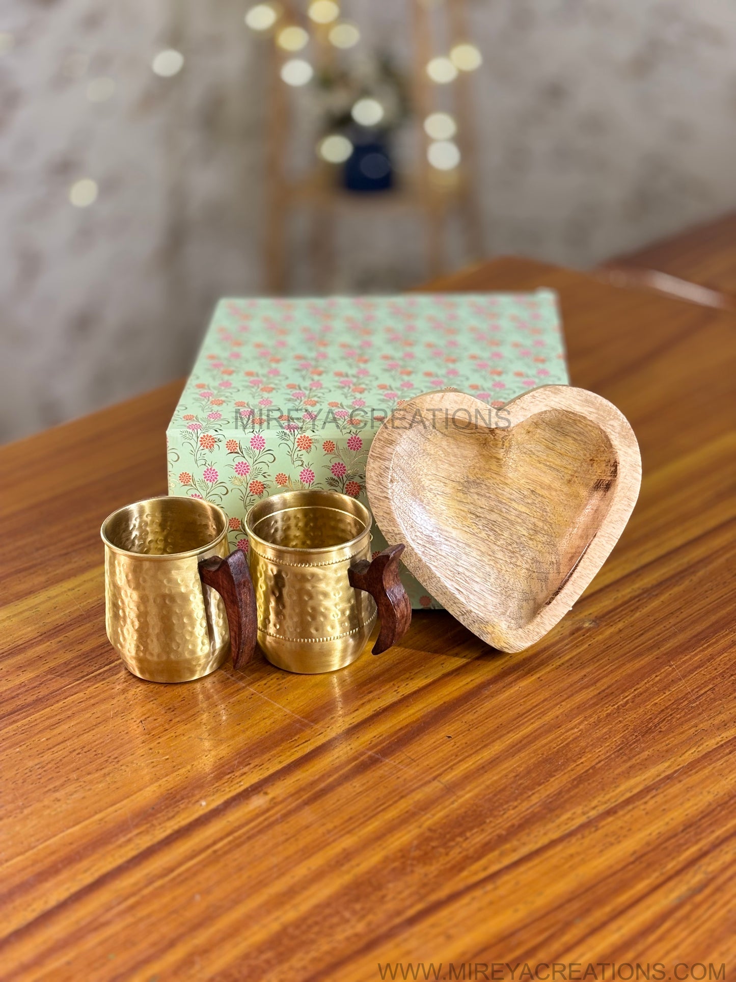 Hammered Brass Mug & Wooden Heart Shaped Bowl Gift Set Return Gift | Mint Green Floral Gift Box Hamper | Wedding & Festive Favor Under ₹2200