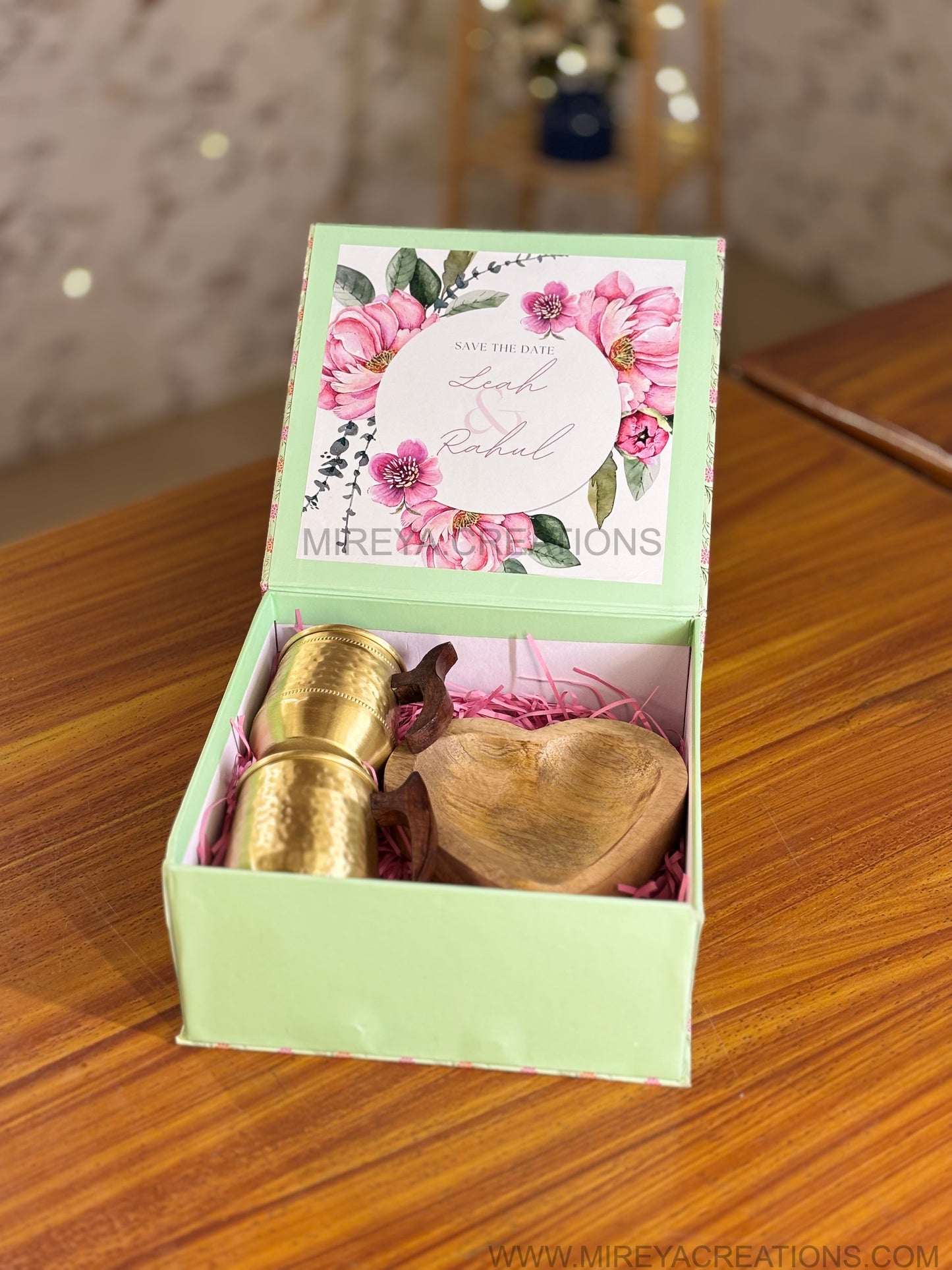 Hammered Brass Mug & Wooden Heart Shaped Bowl Gift Set Return Gift | Mint Green Floral Gift Box Hamper | Wedding & Festive Favor Under ₹2200