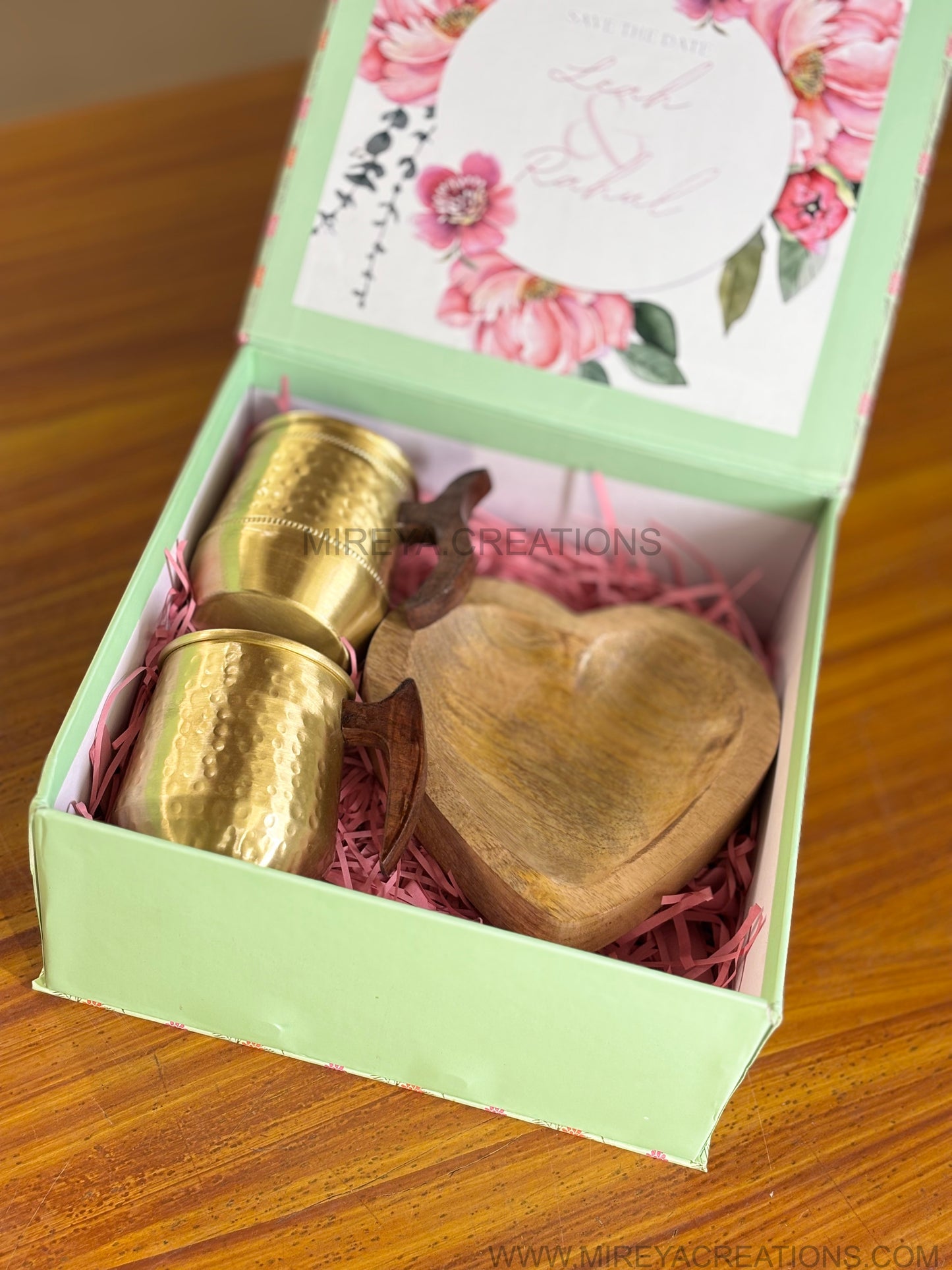 Hammered Brass Mug & Wooden Heart Shaped Bowl Gift Set Return Gift | Mint Green Floral Gift Box Hamper | Wedding & Festive Favor Under ₹2200
