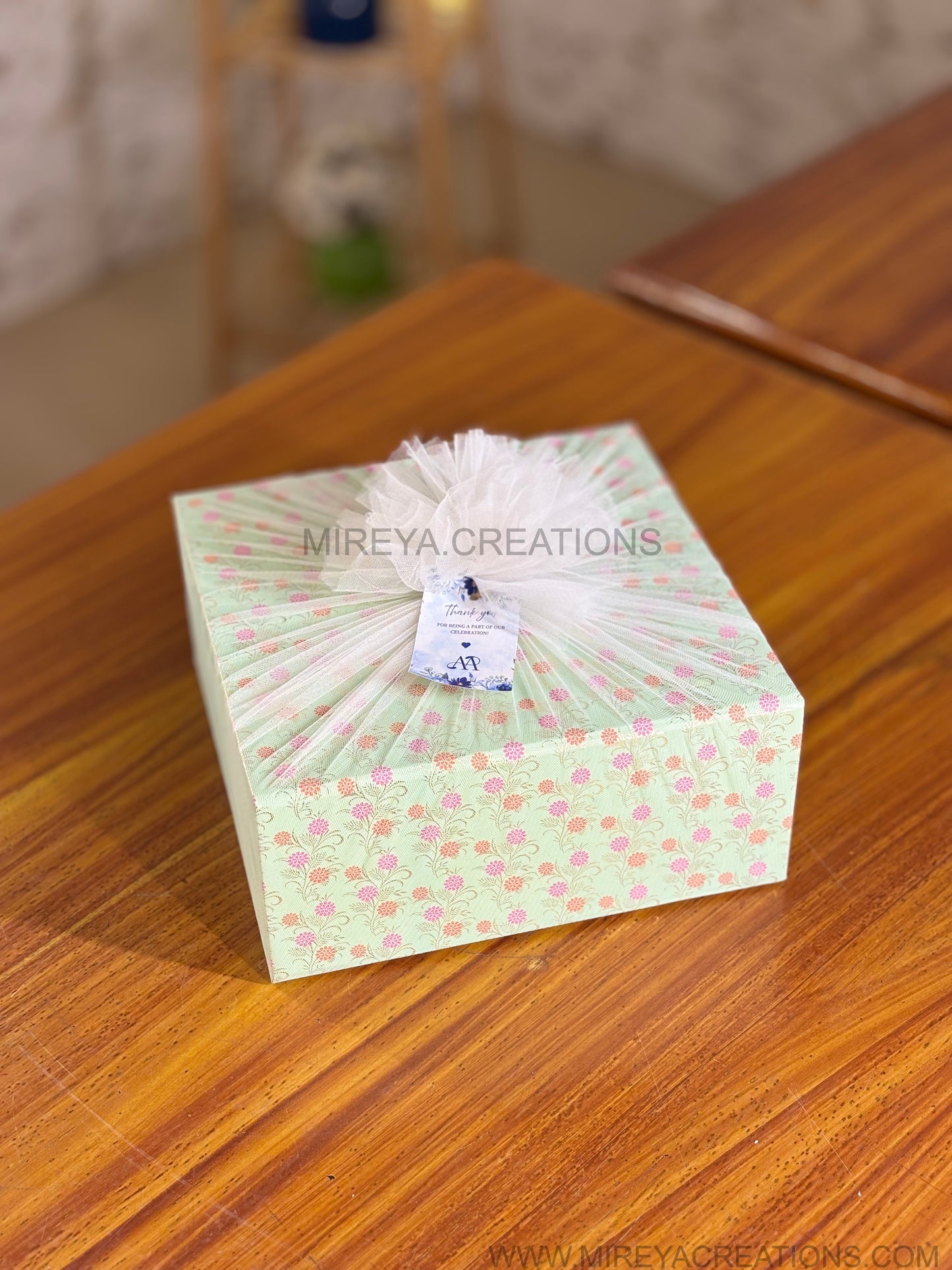 Hammered Brass Mug & Wooden Heart Shaped Bowl Gift Set Return Gift | Mint Green Floral Gift Box Hamper | Wedding & Festive Favor Under ₹2200