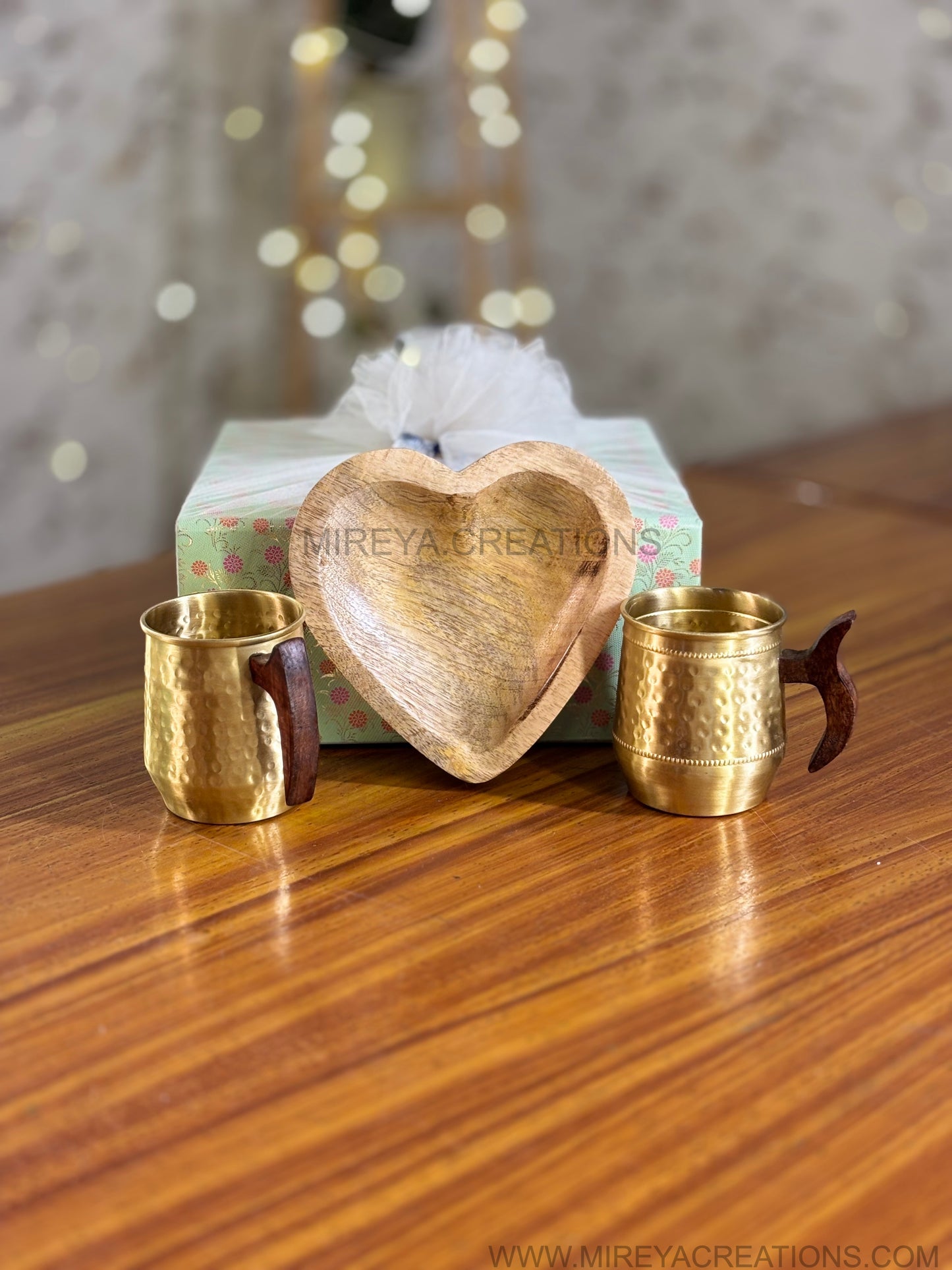 Hammered Brass Mug & Wooden Heart Shaped Bowl Gift Set Return Gift | Mint Green Floral Gift Box Hamper | Wedding & Festive Favor Under ₹2200
