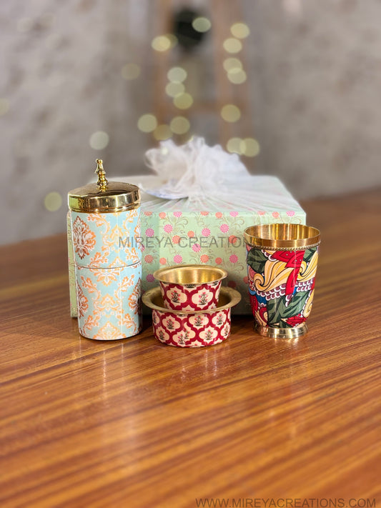 Printed Brass Coffee Filter Set Return Gift | Enamel Brass Dabara & Printed Coffee Glass Gift Set | Wedding & Housewarming Favor Under ₹