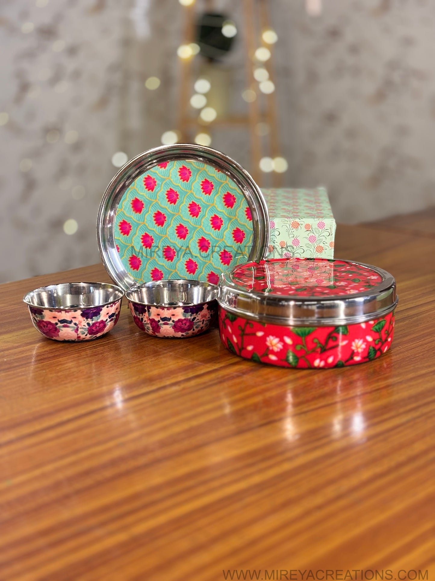 Printed Steel Spice Box Gift Set Return Gift | Printed Steel Plate & 2Pcs Printed Bowls Combo | Wedding & Housewarming Favor Under ₹1800