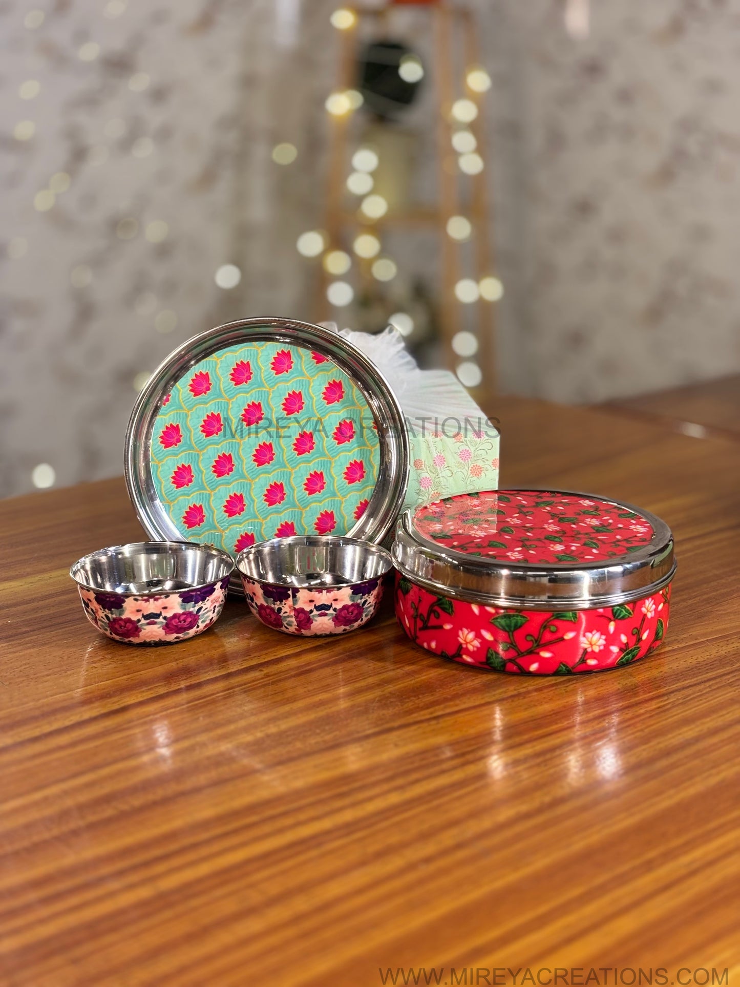 Printed Steel Spice Box Gift Set Return Gift | Printed Steel Plate & 2Pcs Printed Bowls Combo | Wedding & Housewarming Favor Under ₹1800