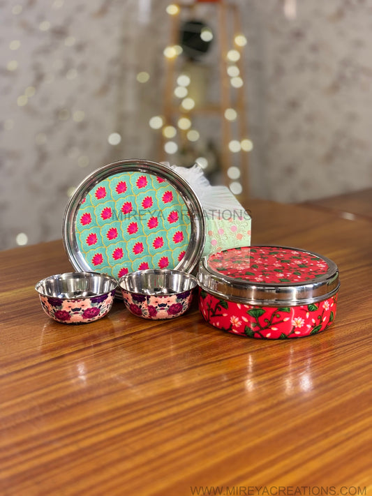 Printed Steel Spice Box Gift Set Return Gift | Printed Steel Plate & 2Pcs Printed Bowls Combo | Wedding & Housewarming Favor Under ₹1800