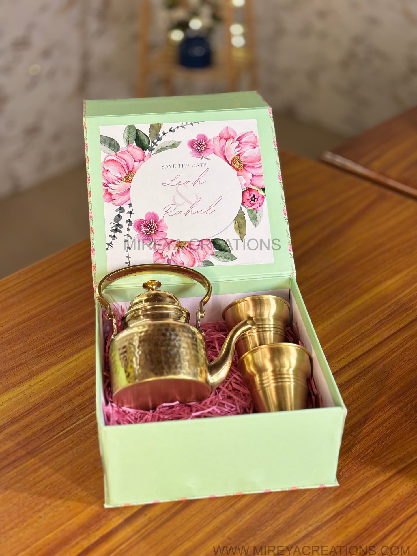 Hammered Brass Kettle & 2Pcs Khulkad Glasses Gift Set Return Gift | Mint Green Floral Gift Box Hamper | Wedding & Festive Favor Under ₹3200