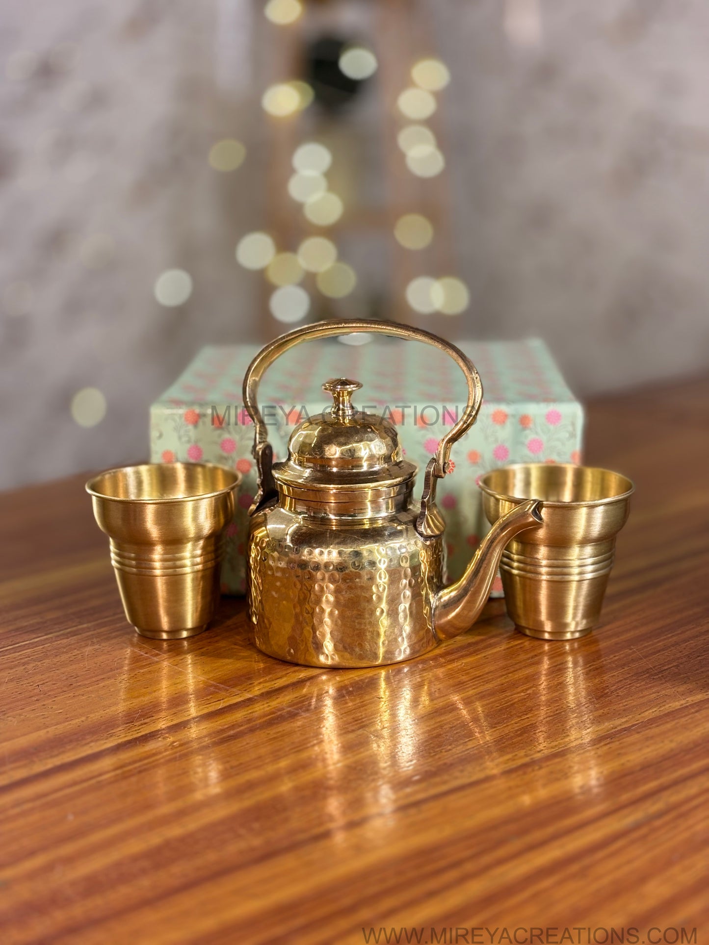 Hammered Brass Kettle & 2Pcs Khulkad Glasses Gift Set Return Gift | Mint Green Floral Gift Box Hamper | Wedding & Festive Favor Under ₹3200