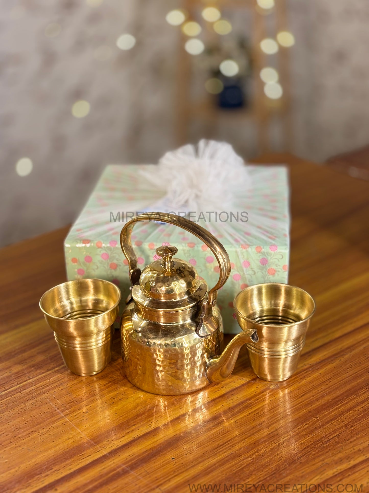 Hammered Brass Kettle & 2Pcs Khulkad Glasses Gift Set Return Gift | Mint Green Floral Gift Box Hamper | Wedding & Festive Favor Under ₹3200