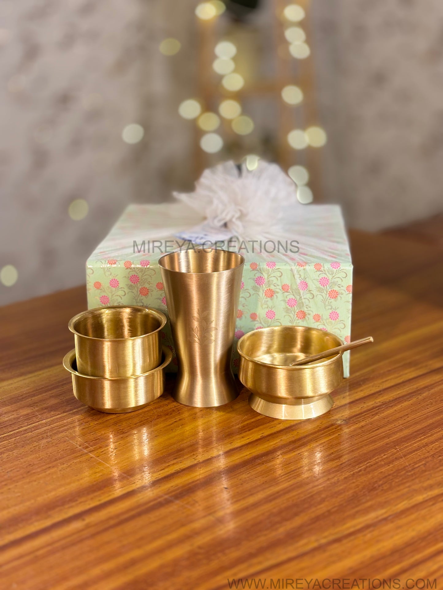Brass Lassi Tumbler & Dabara Set Return Gift | Traditional Brass Ice-cream Bowl Gift Set in Mint Green Floral Box | Wedding & Festive Favor Under ₹3000