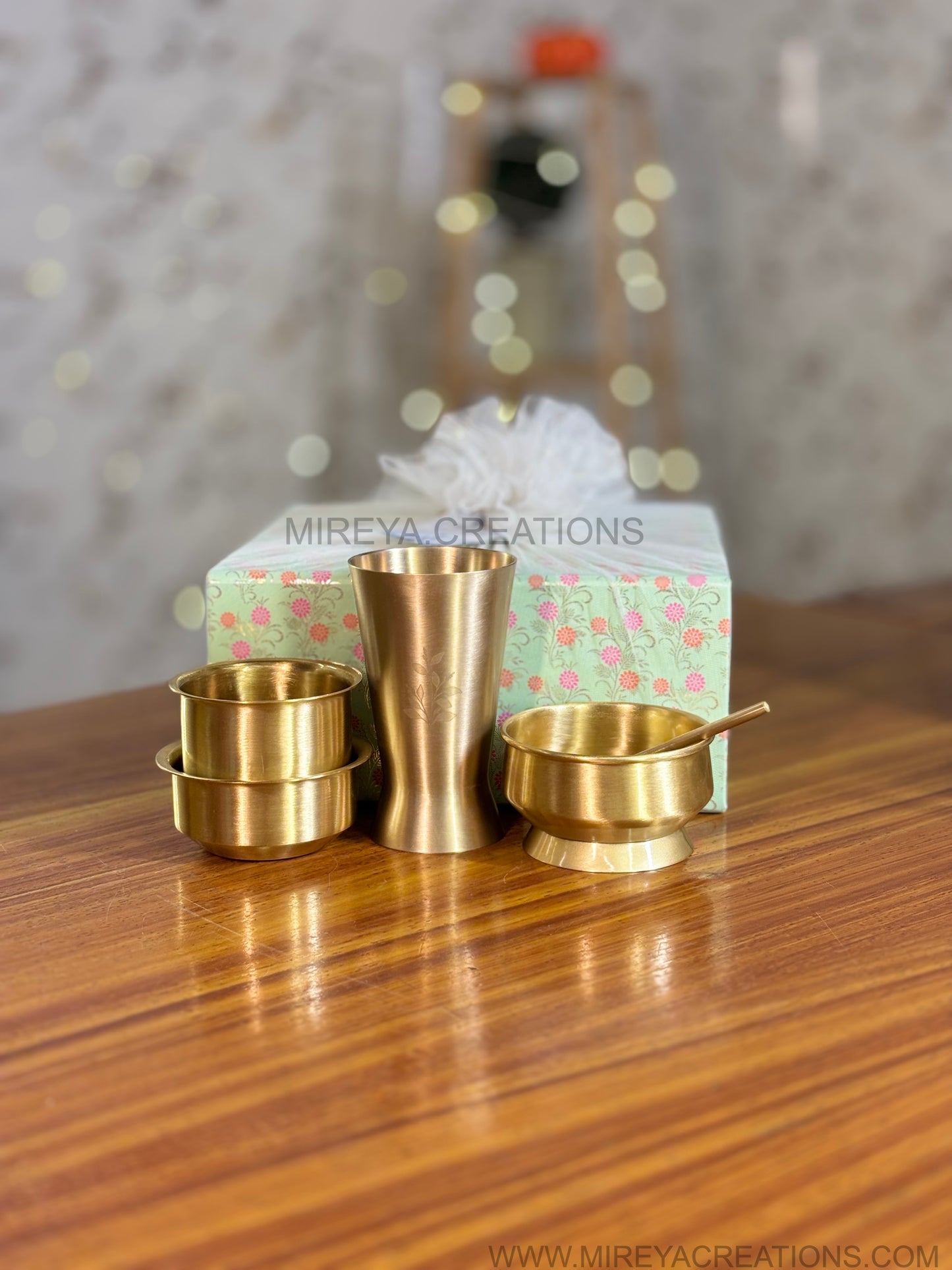 Brass Lassi Tumbler & Dabara Set Return Gift | Traditional Brass Ice-cream Bowl Gift Set in Mint Green Floral Box | Wedding & Festive Favor Under ₹3000