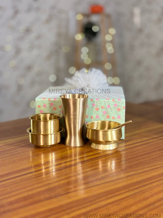 Brass Lassi Tumbler & Dabara Set Return Gift | Traditional Brass Ice-cream Bowl Gift Set in Mint Green Floral Box | Wedding & Festive Favor Under ₹