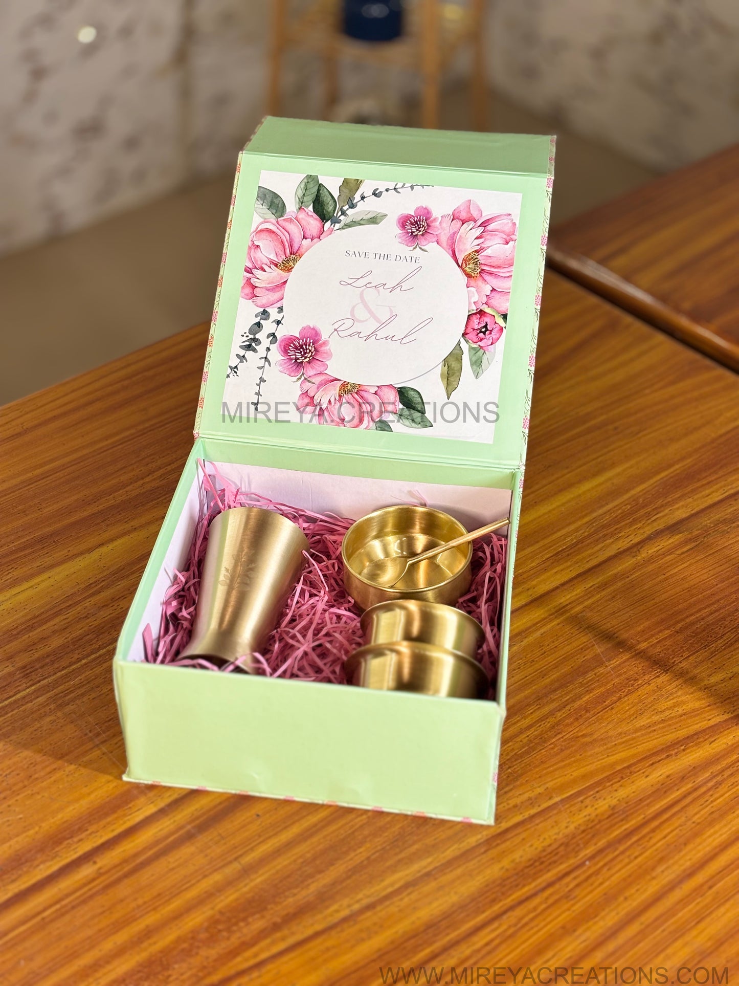 Brass Lassi Tumbler & Dabara Set Return Gift | Traditional Brass Ice-cream Bowl Gift Set in Mint Green Floral Box | Wedding & Festive Favor Under ₹3000