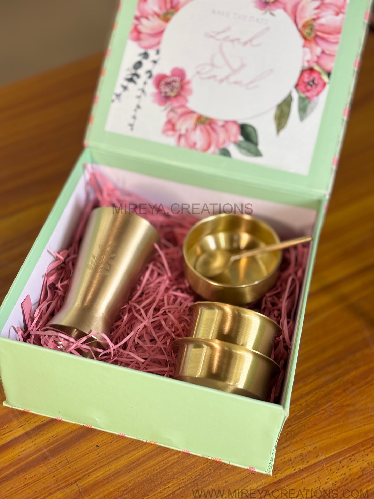 Brass Lassi Tumbler & Dabara Set Return Gift | Traditional Brass Ice-cream Bowl Gift Set in Mint Green Floral Box | Wedding & Festive Favor Under ₹3000