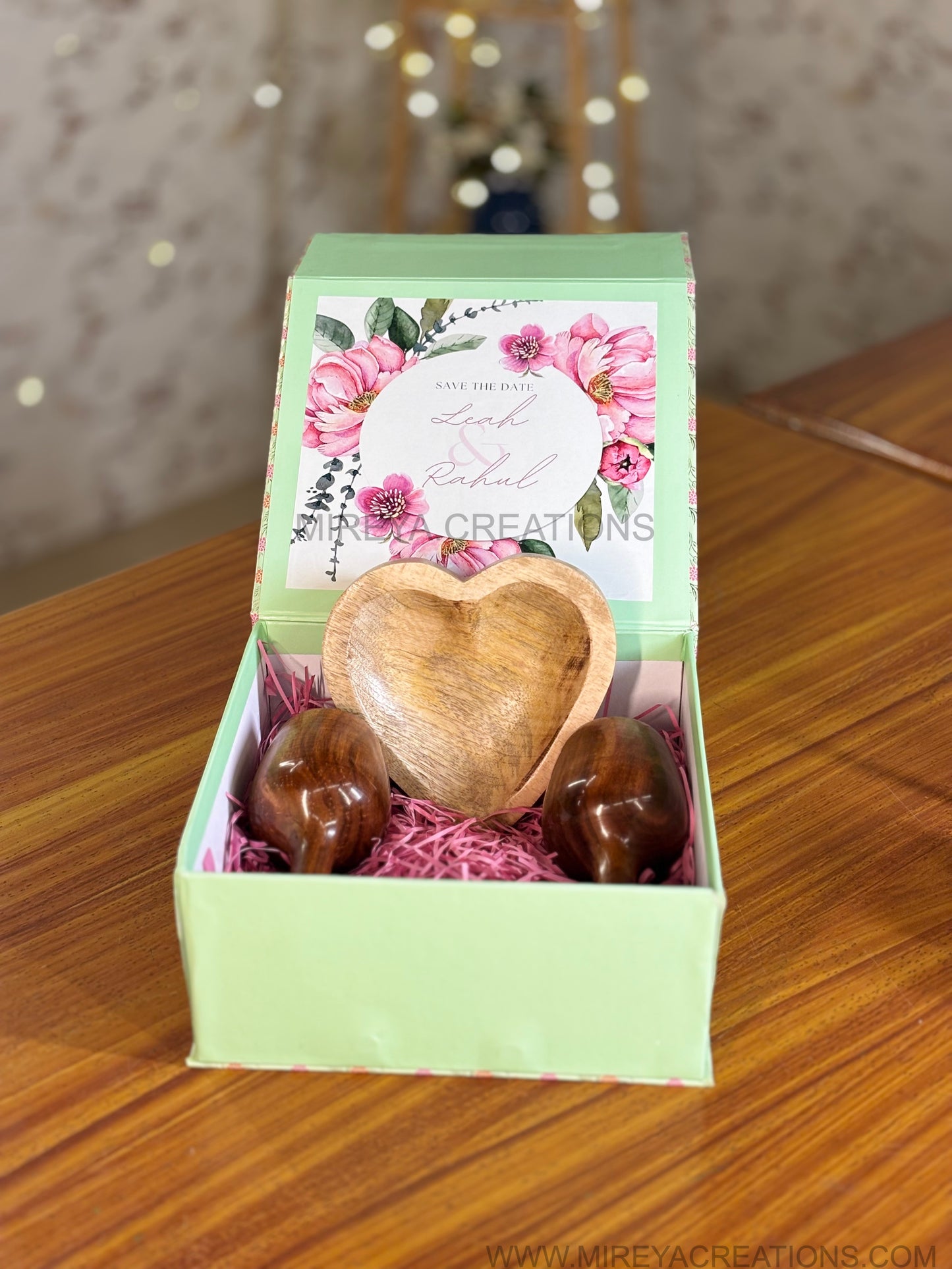Wooden Goblet Cups & Heart Shaped Snack Bowl Gift Set Return Gift | Decorative Wooden Serveware in Mint Green Floral Box | Wedding & Housewarming Favor Under ₹1500