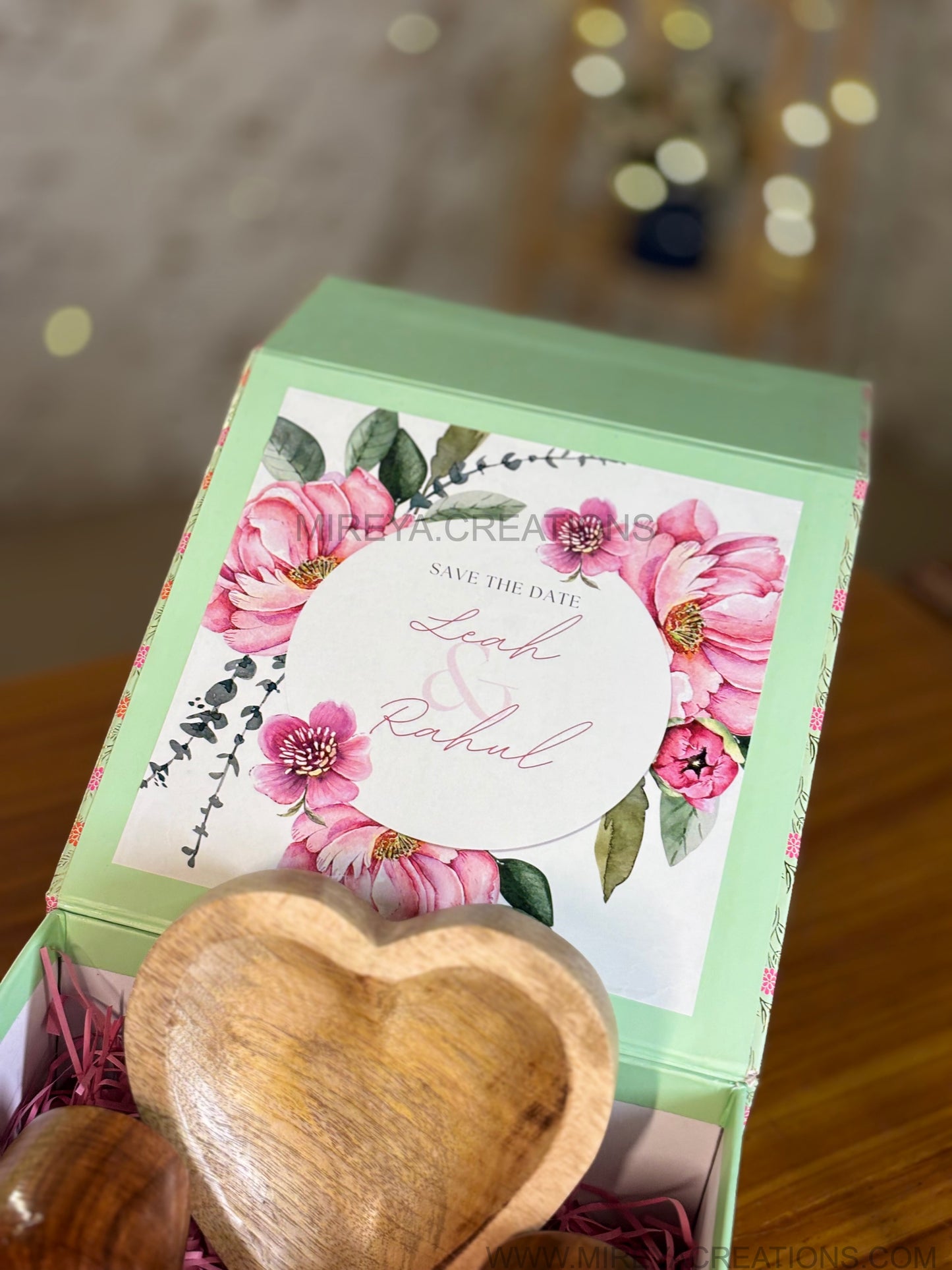 Wooden Goblet Cups & Heart Shaped Snack Bowl Gift Set Return Gift | Decorative Wooden Serveware in Mint Green Floral Box | Wedding & Housewarming Favor Under ₹1500