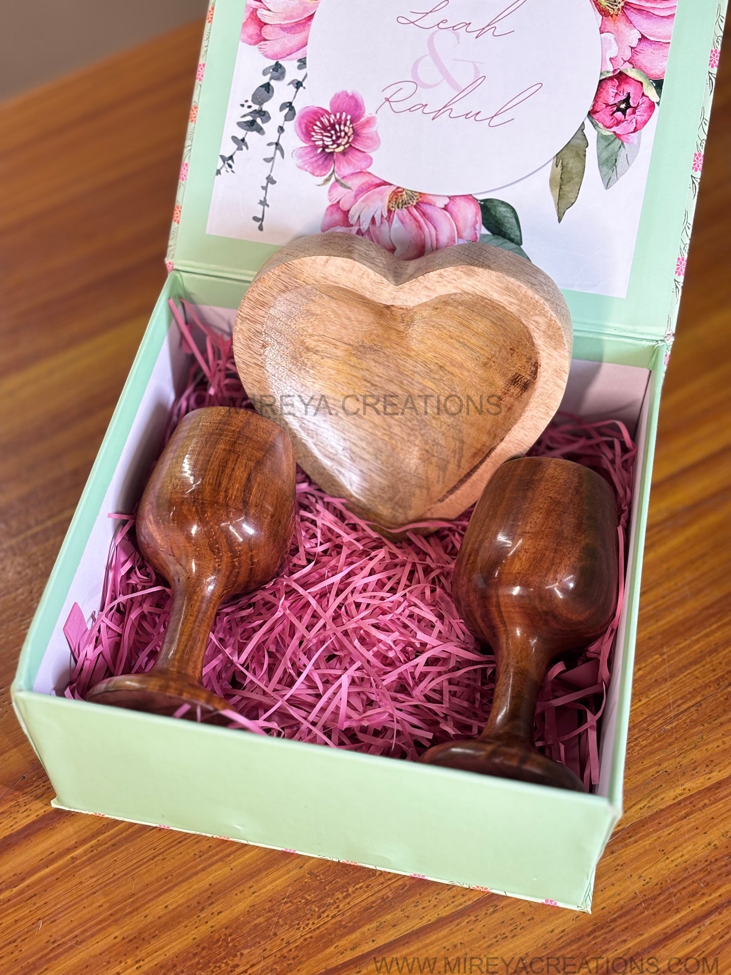 Wooden Goblet Cups & Heart Shaped Snack Bowl Gift Set Return Gift | Decorative Wooden Serveware in Mint Green Floral Box | Wedding & Housewarming Favor Under ₹1500