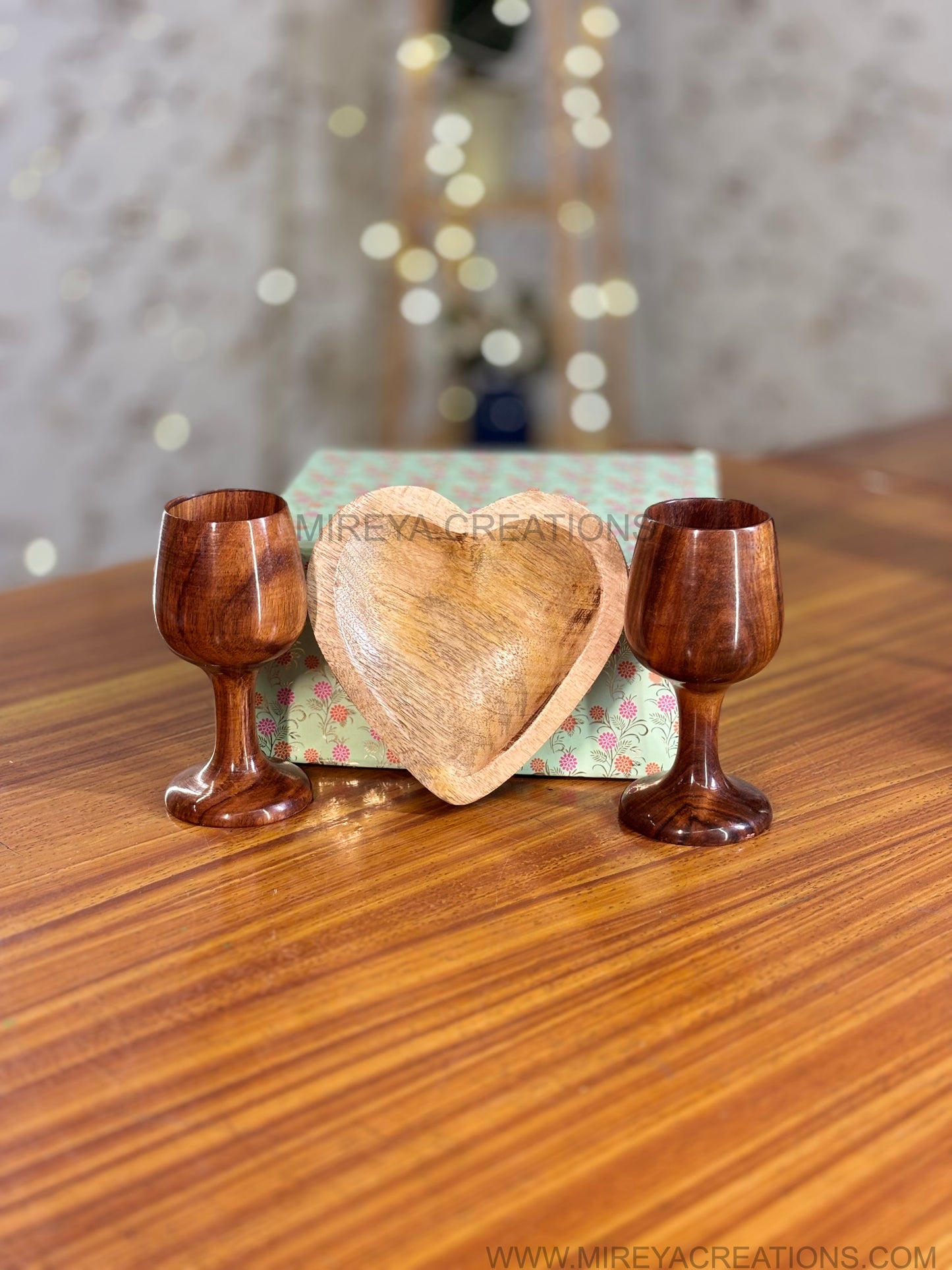 Wooden Goblet Cups & Heart Shaped Snack Bowl Gift Set Return Gift | Decorative Wooden Serveware in Mint Green Floral Box | Wedding & Housewarming Favor Under ₹1500
