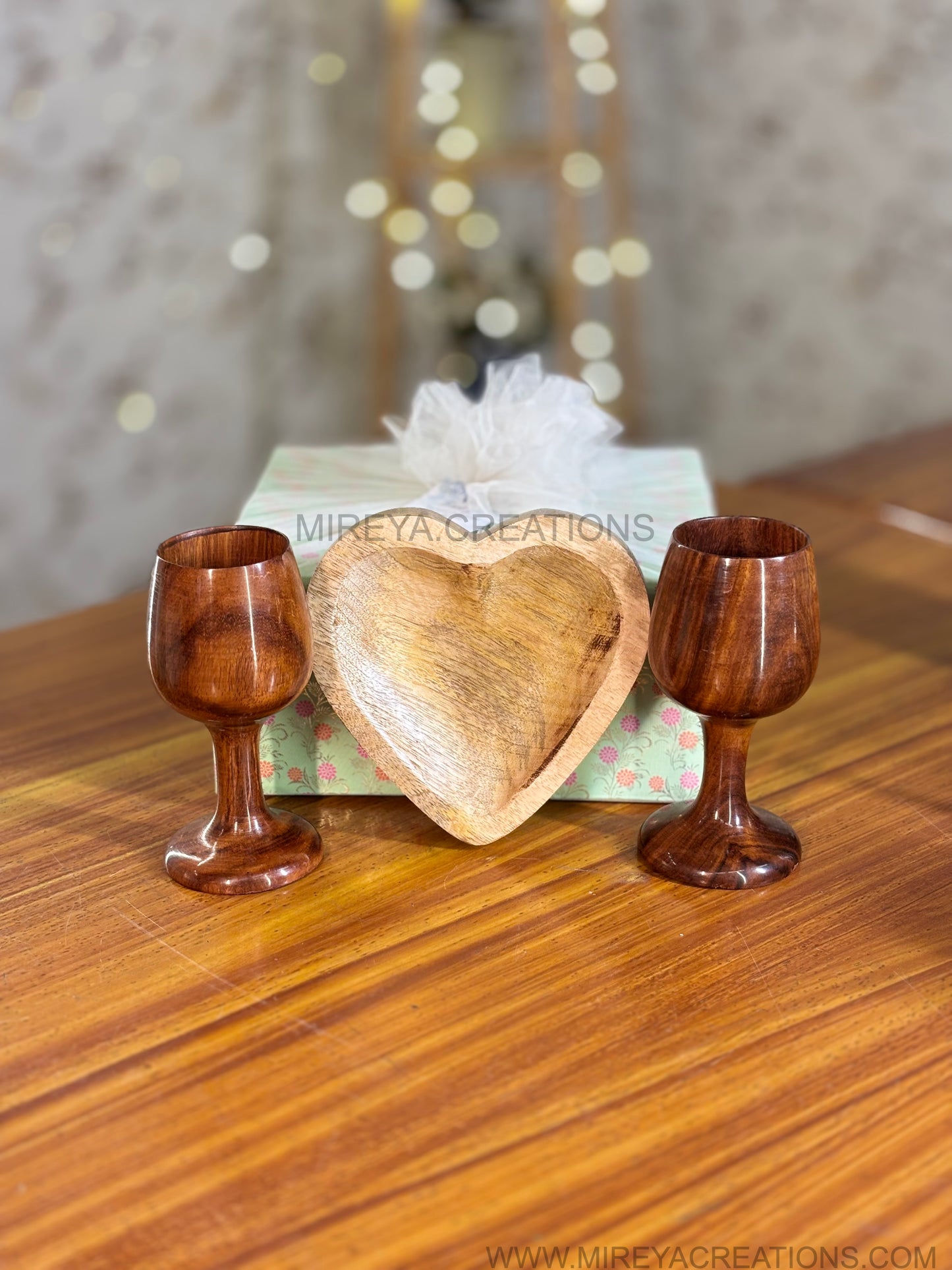 Wooden Goblet Cups & Heart Shaped Snack Bowl Gift Set Return Gift | Decorative Wooden Serveware in Mint Green Floral Box | Wedding & Housewarming Favor Under ₹1500
