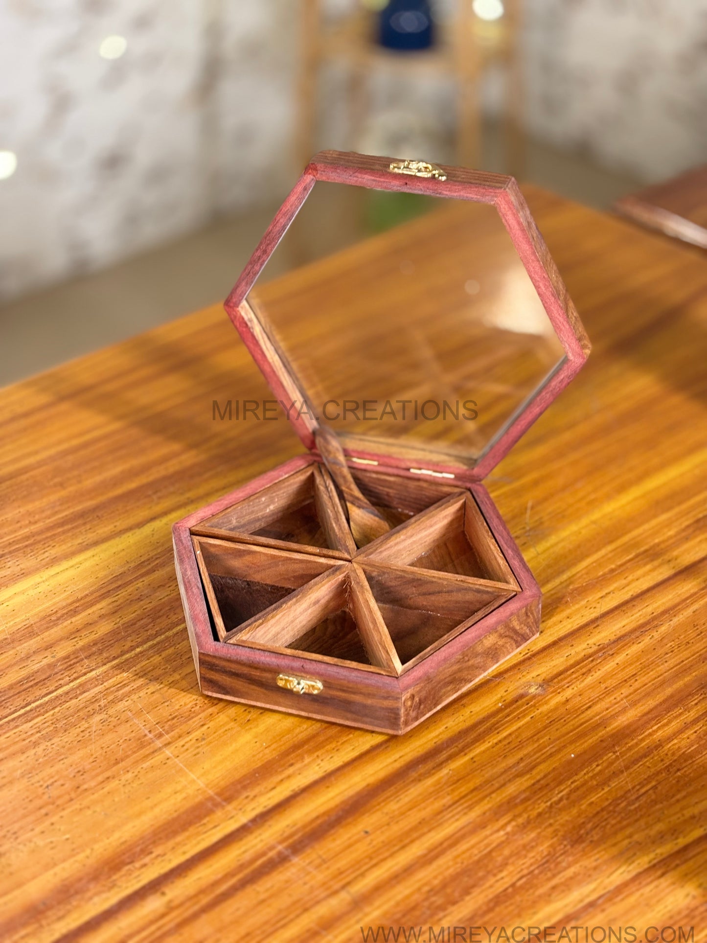 Hexagon Wooden Spice Box & Hammered Brass Mug Gift Set Return Gift | Premium Kitchen Hamper in Mint Green Floral Box | Wedding & Housewarming Favor Under ₹1700